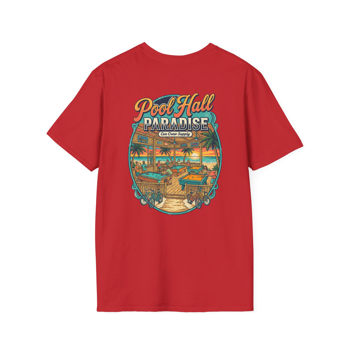 Pool Hall Paradise Beach Billiards T-Shirt V1 | Tropical Pool Player Graphic Tee | Front & Back Print