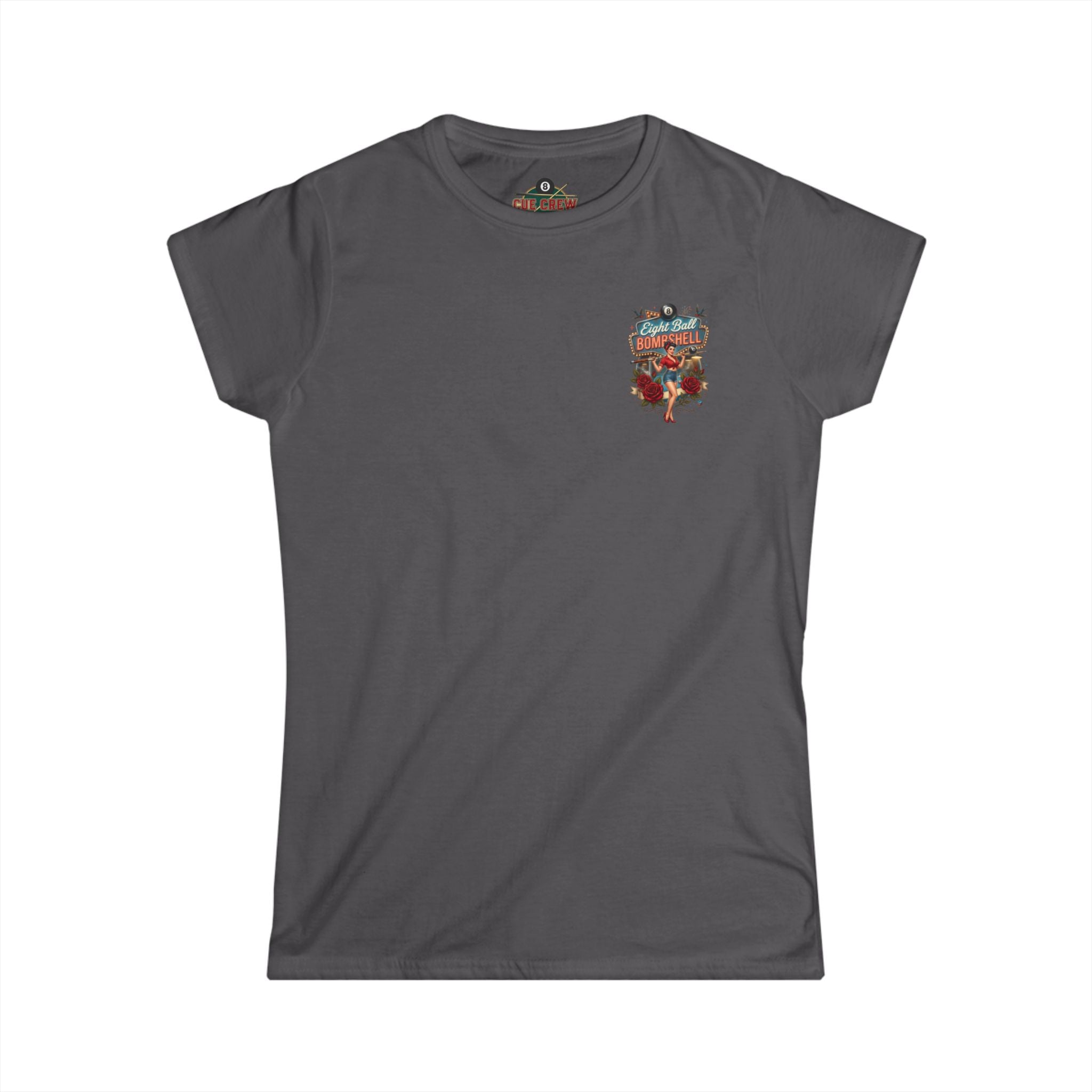 Eight Ball Bombshell V2 Women's Billiards T-Shirt | Retro Pin-Up Pool Player Graphic Tee | Front & Back Print
