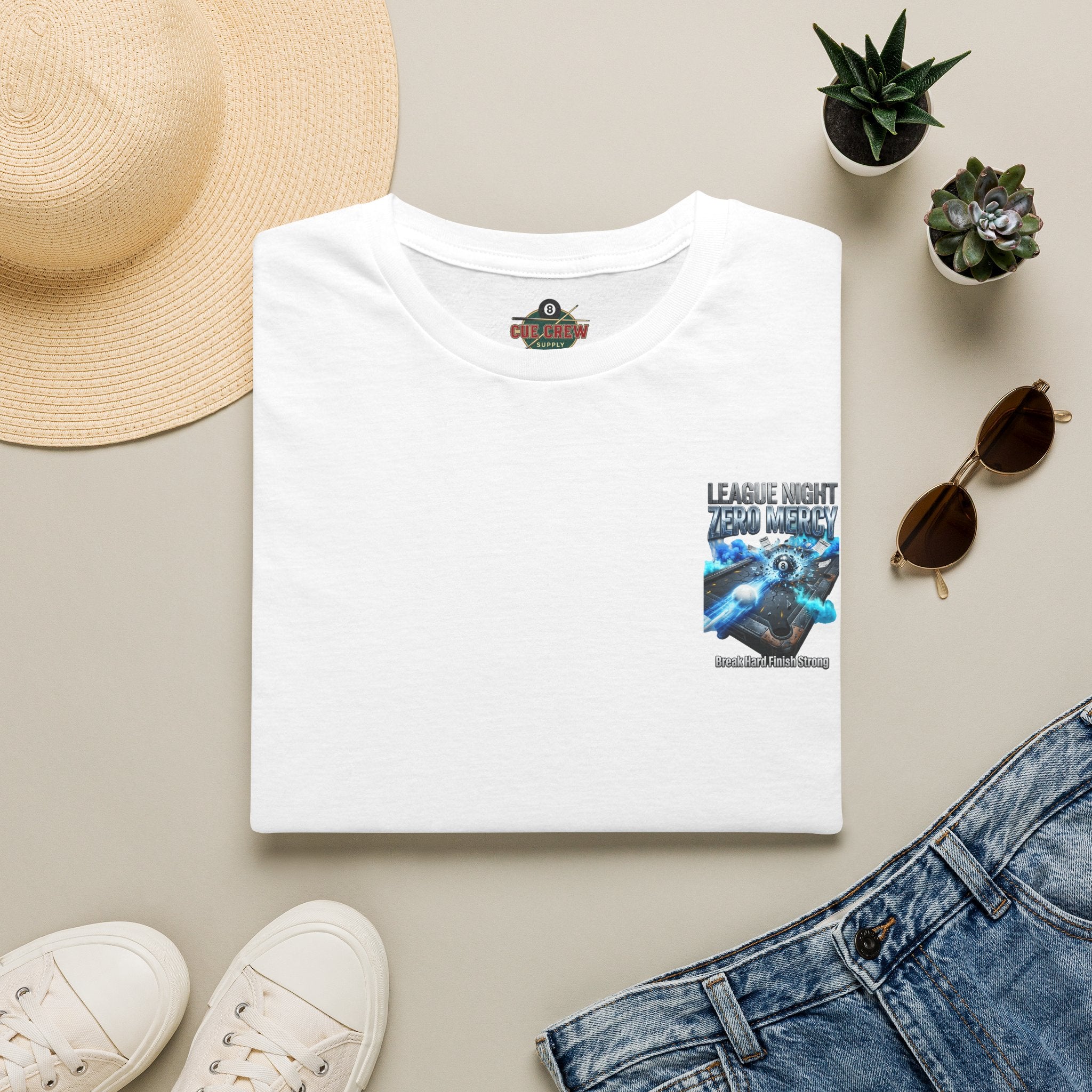 League Night Zero Mercy Billiards T-Shirt | Break Hard Finish Strong Pool Player Graphic Tee | Front & Back Print
