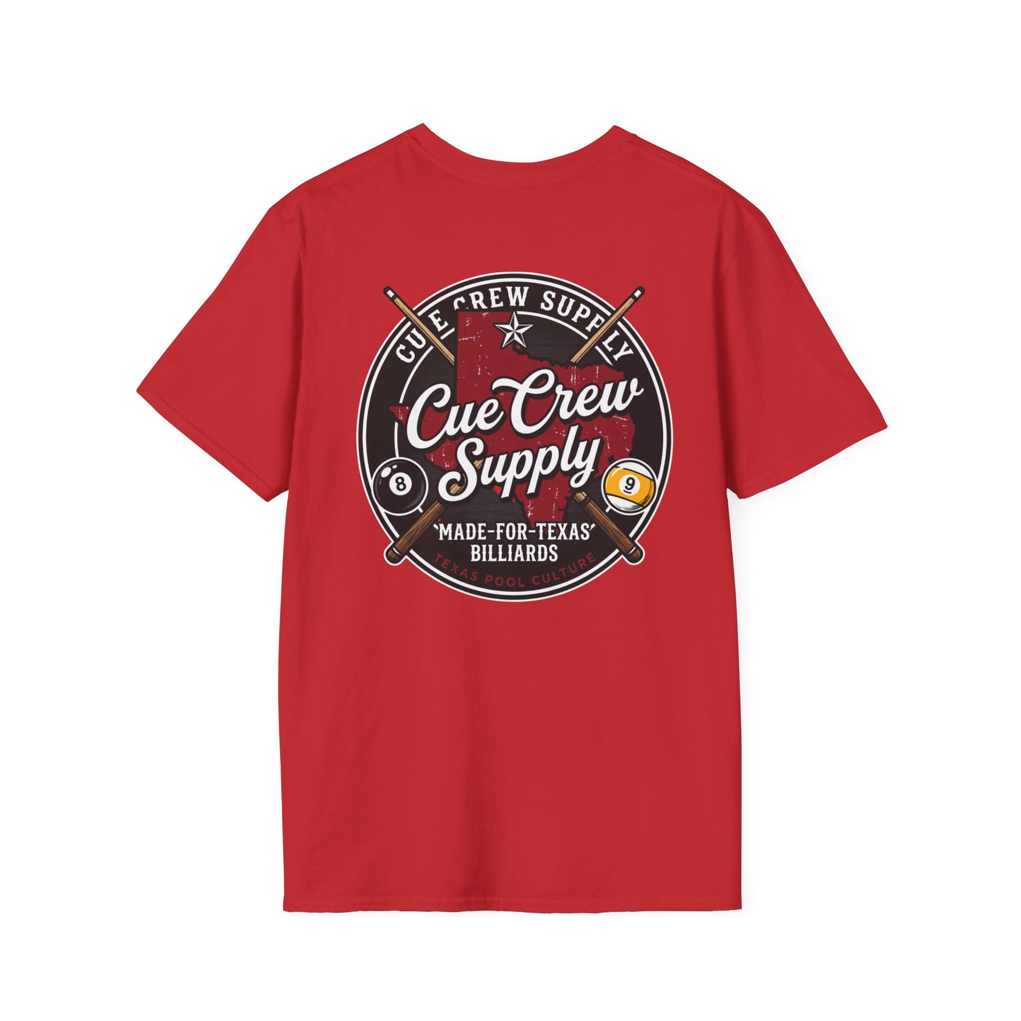 Cue Crew Supply Texas Billiards T-Shirt | Made for Texas Pool Players Graphic Tee | Front & Back Print