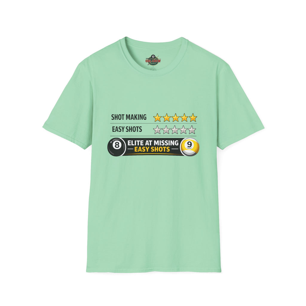 Elite At Missing Easy Shots Funny Billiards T-Shirt | 8 Ball & 9 Ball Graphic Unisex Tee | Front Print Only