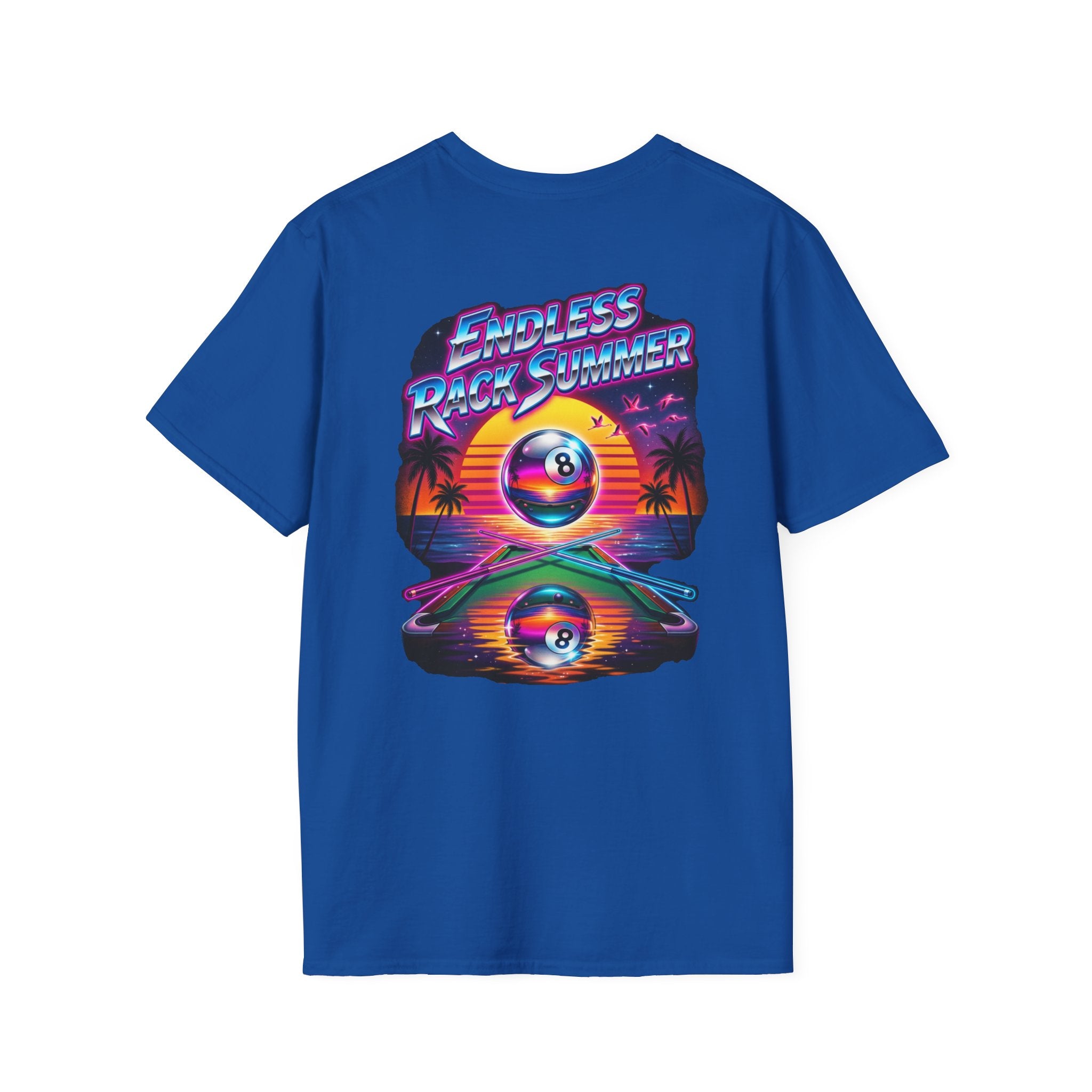 Endless Rack Summer Retro Sunset Billiards T-Shirt | Tropical 8 Ball Pool Player Graphic Tee | Front & Back Print
