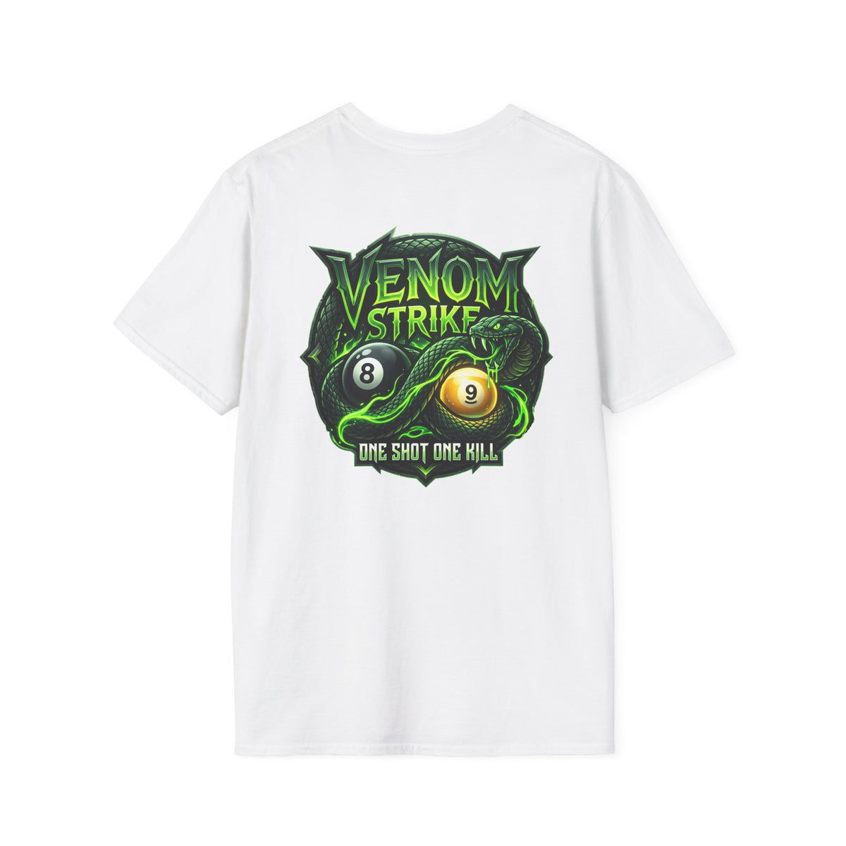 Venom Strike Snake Billiards T-Shirt | One Shot One Kill Pool Player Graphic Tee | Front & Back Print