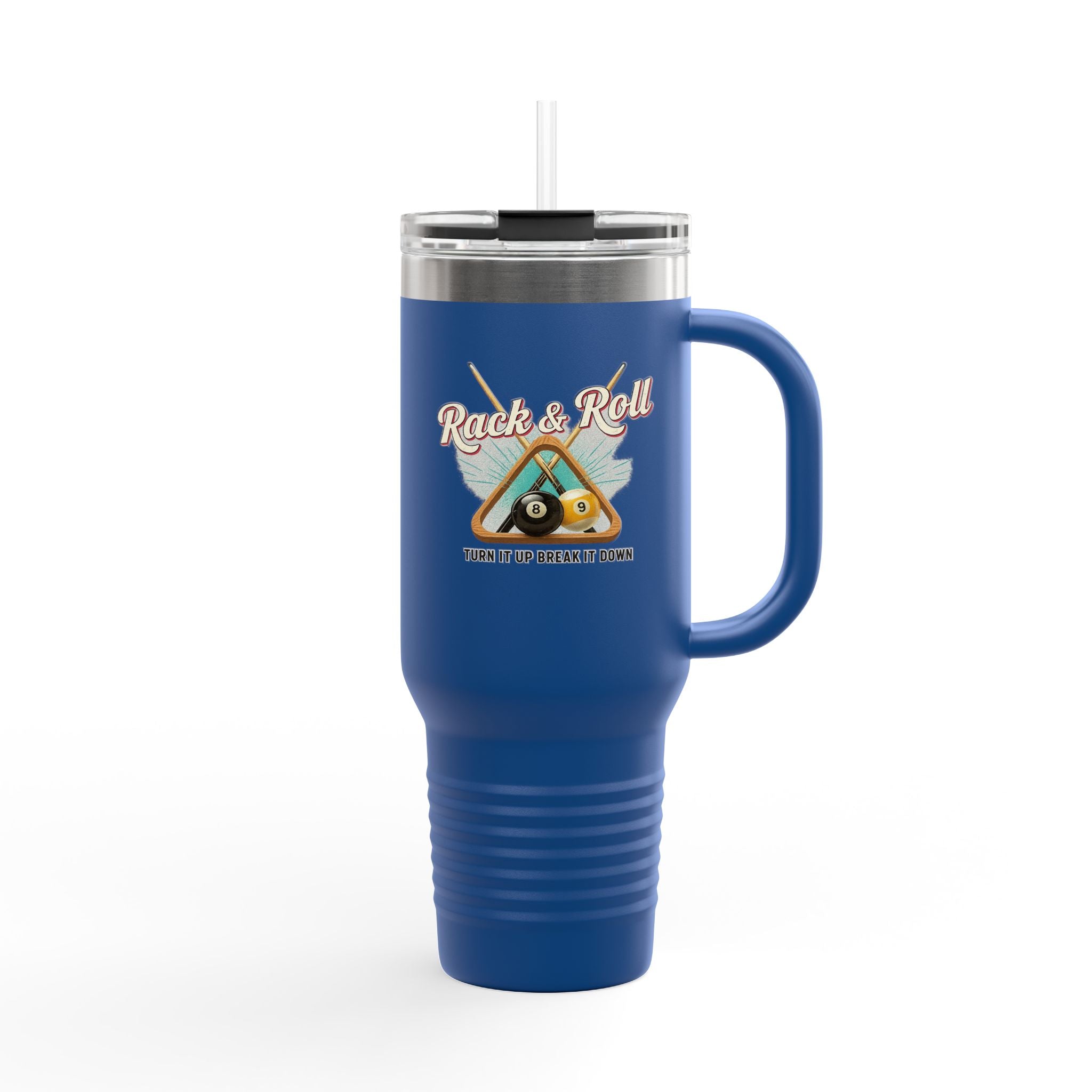 Rack & Roll v2 40oz Insulated Travel Mug – Pool Cue Billiards Design,