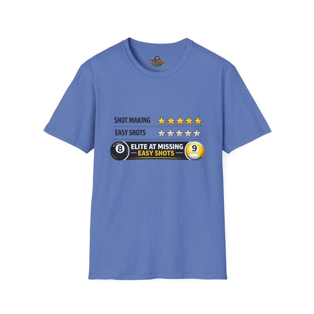 Elite At Missing Easy Shots Funny Billiards T-Shirt | 8 Ball & 9 Ball Graphic Unisex Tee | Front Print Only