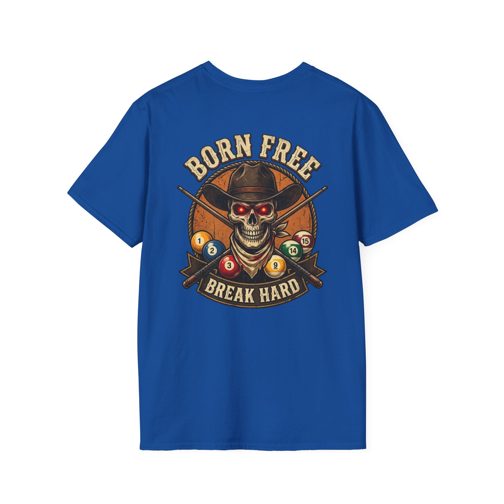 Born Free Break Hard Cowboy Skull Billiards T-Shirt | Western Pool Player Graphic Tee | Front & Back Print