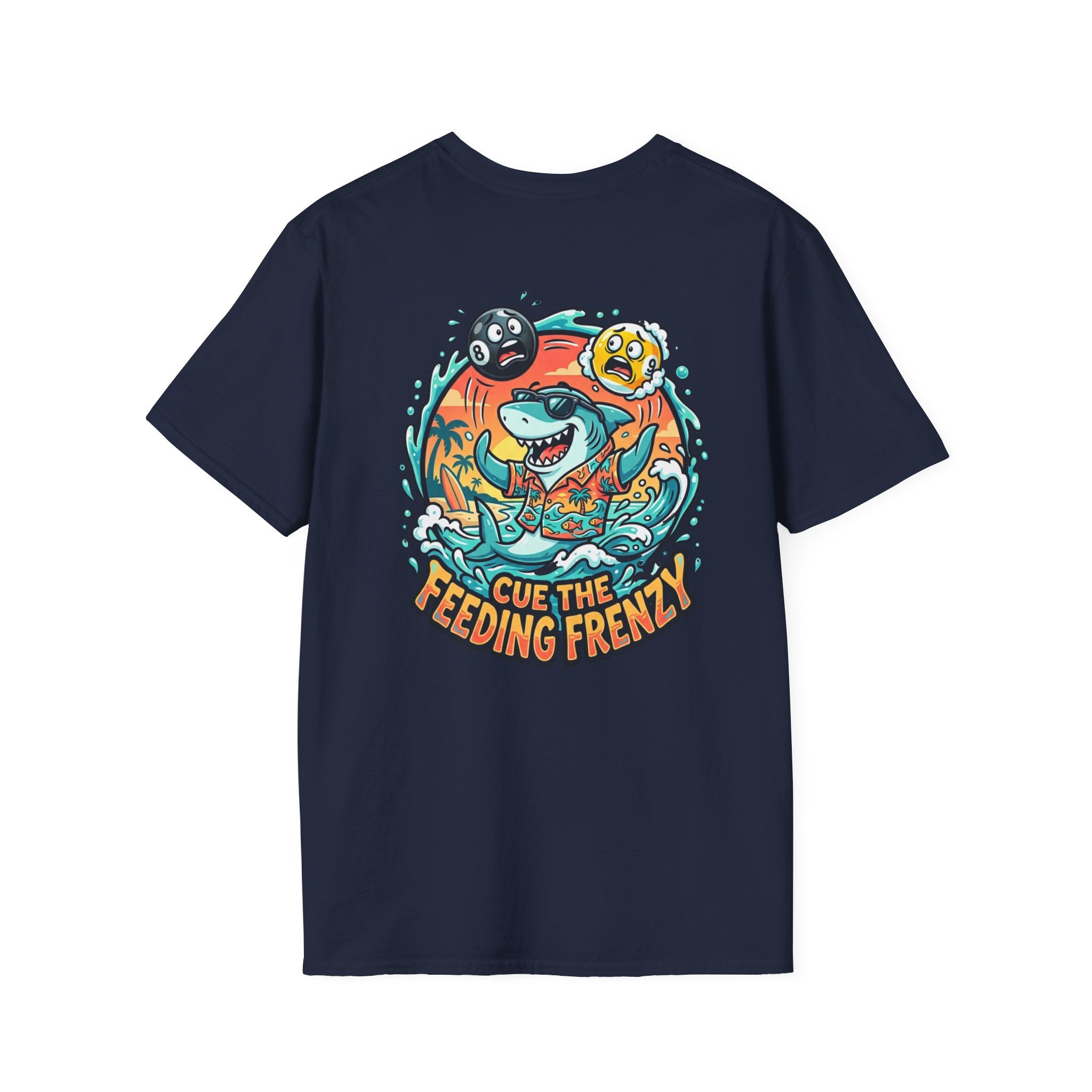 Cue the Feeding Frenzy Shark Billiards T-Shirt | Tropical Pool Player Graphic Tee | Front & Back Print