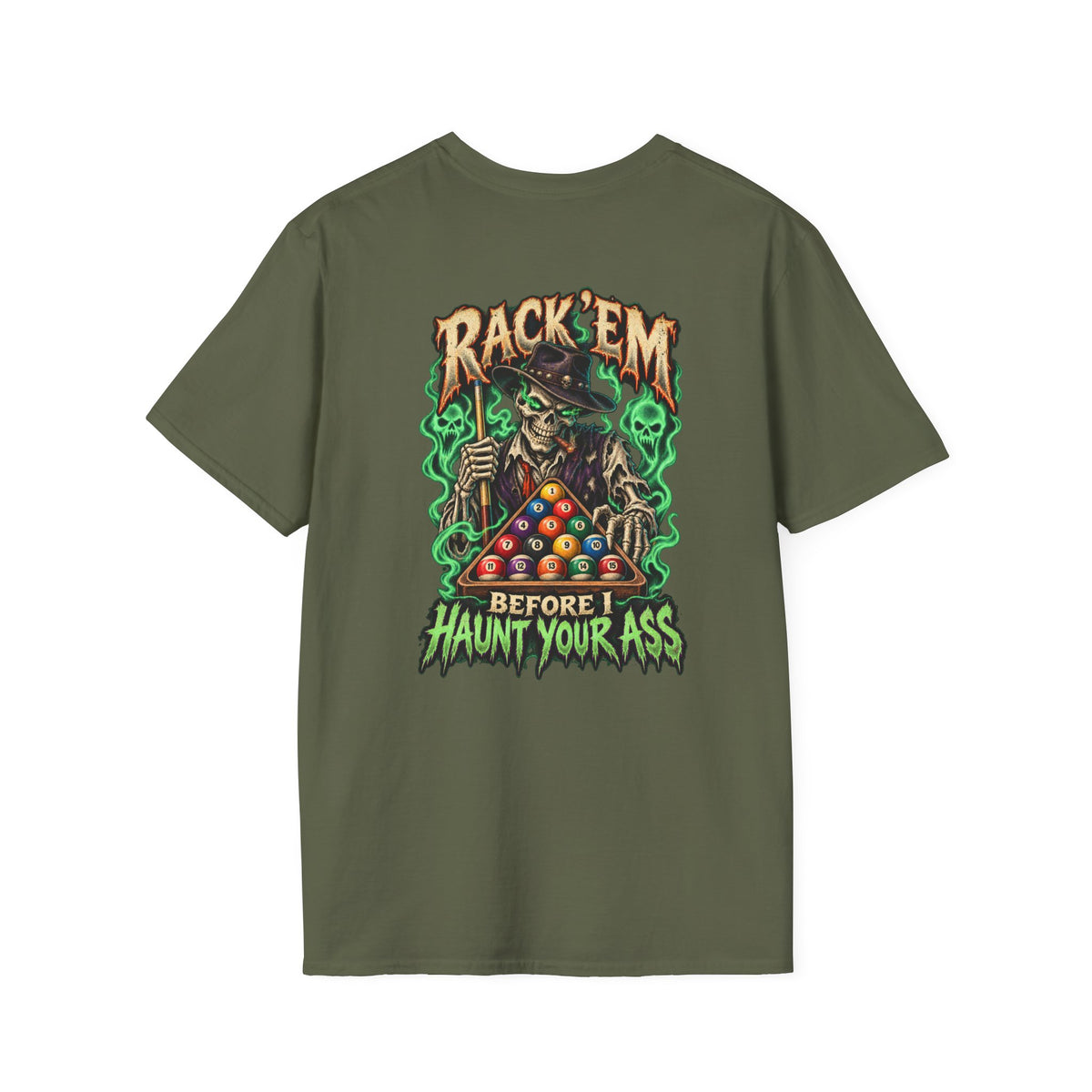 Rack ’Em Before I Haunt Your Ass – Halloween Billiards T-Shirt – Skeleton Pool Player Tee