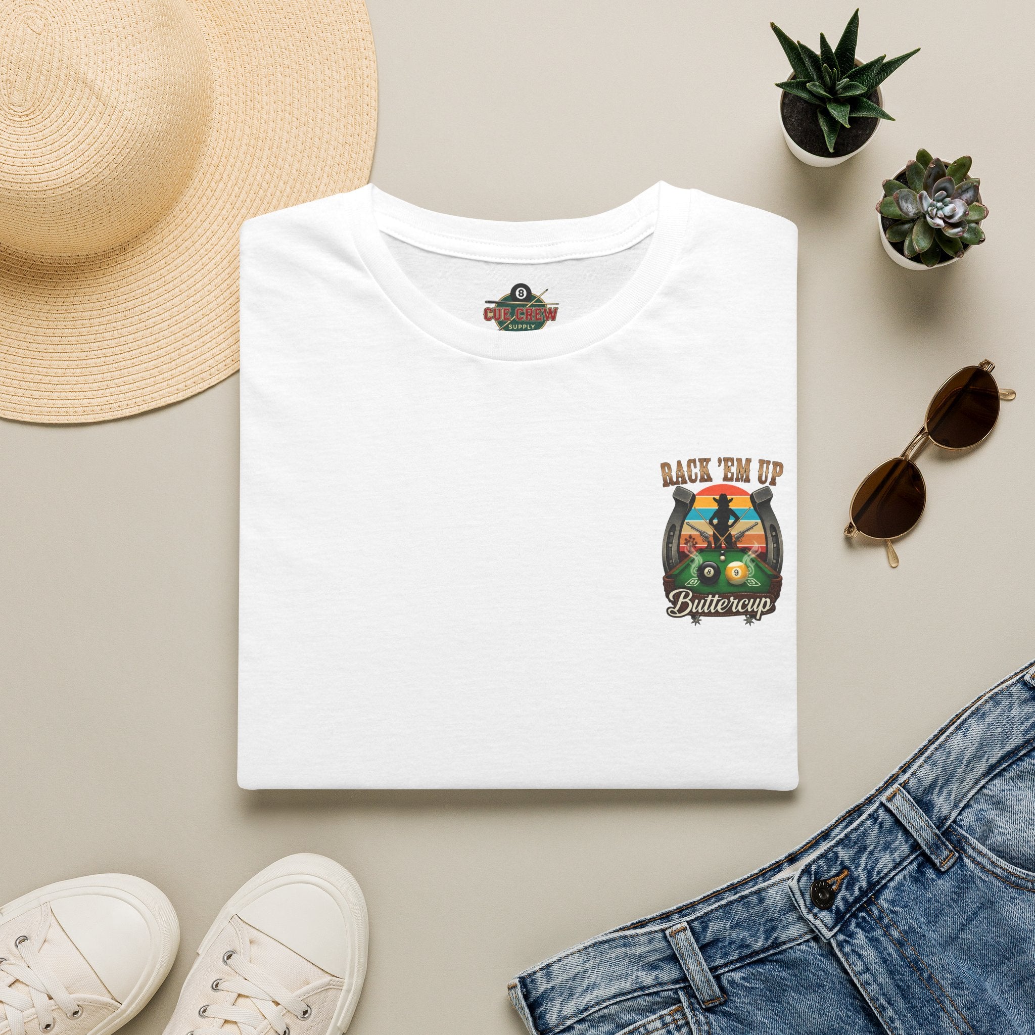 Rack 'Em Up Buttercup Funny Cowgirl Billiards T-Shirt V3| Western Pool Player Graphic Tee | Front & Back Print