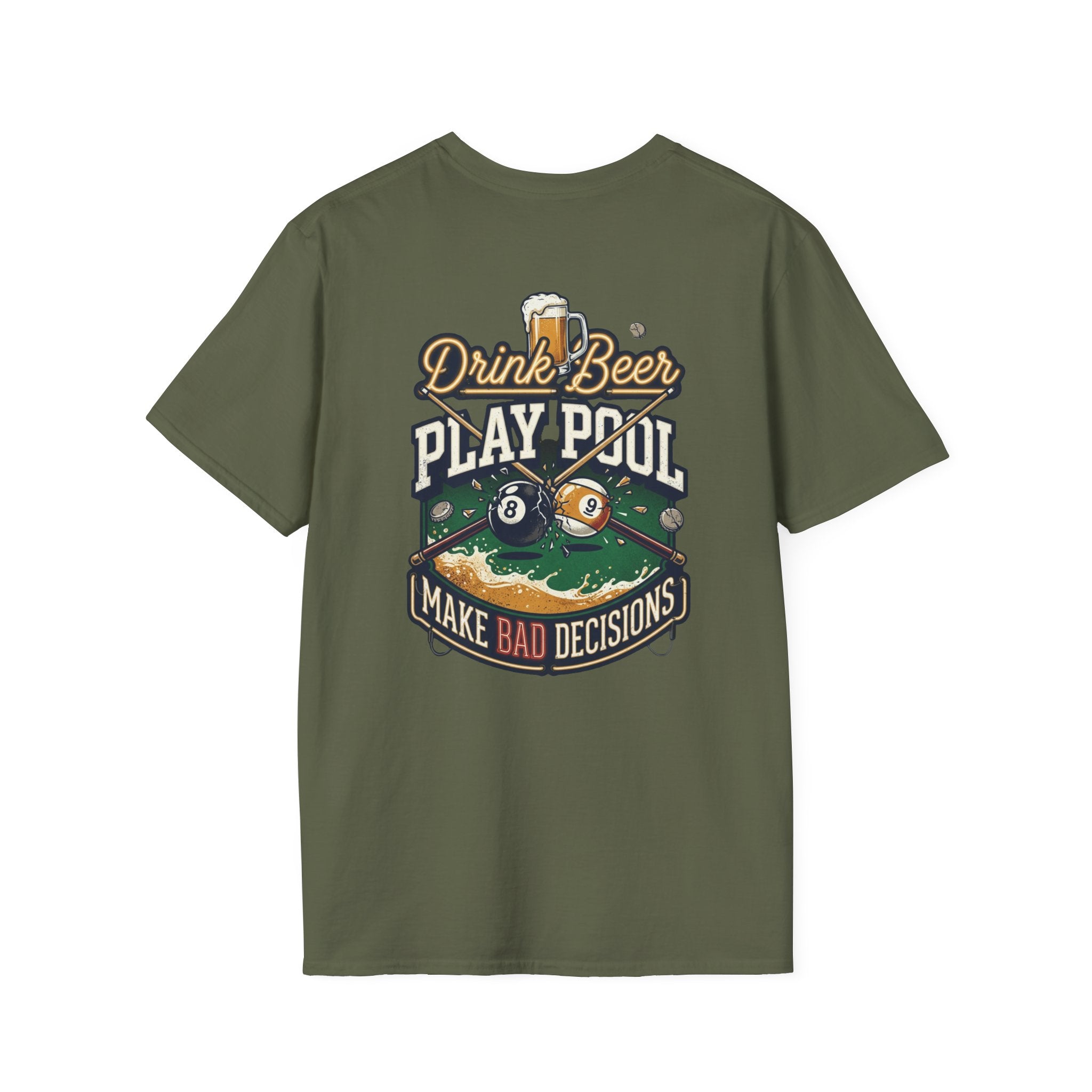 Drink Beer Play Pool Make Bad Decisions Funny Billiards T-Shirt | Vintage Beer & 8 Ball Graphic Tee | Front & Back Print