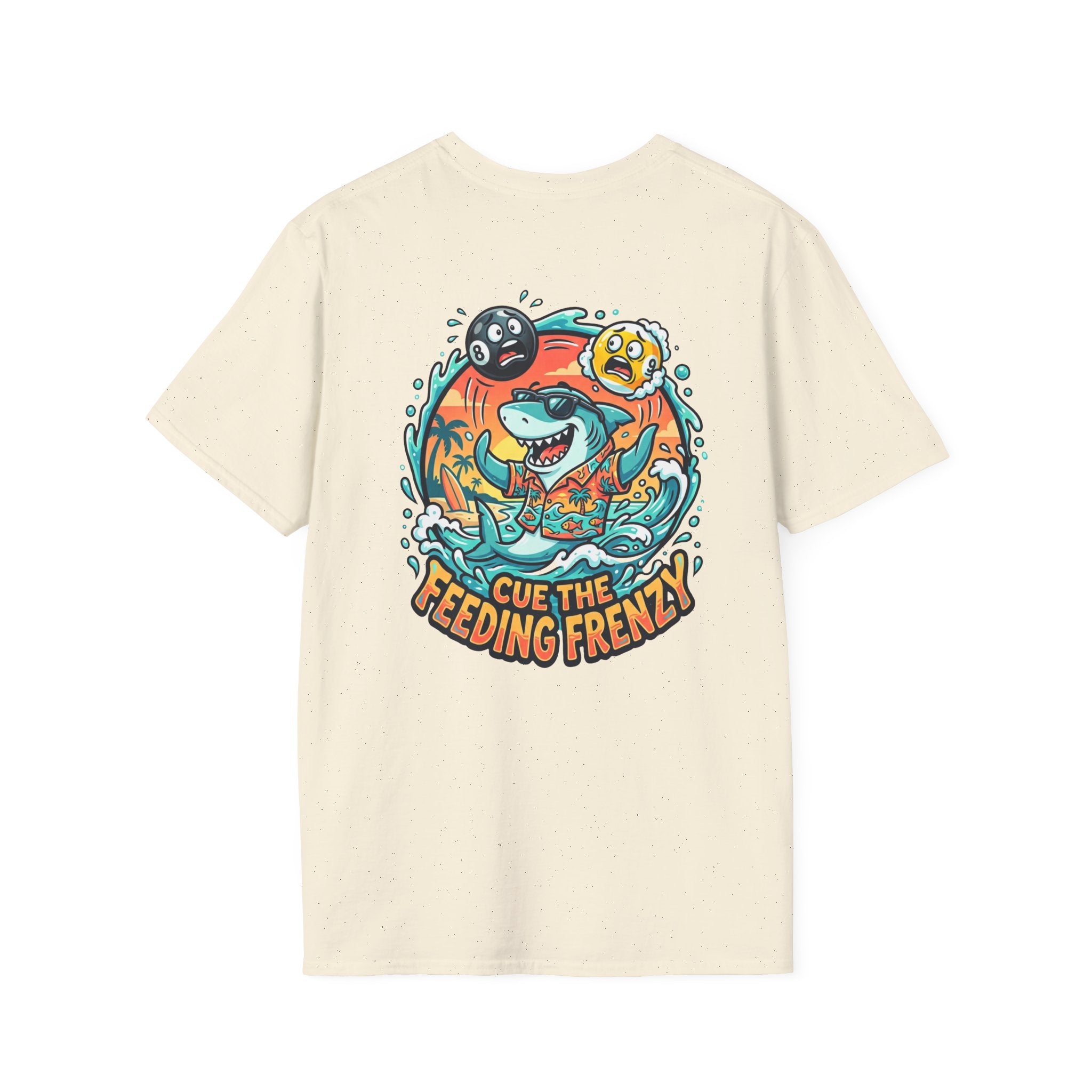 Cue the Feeding Frenzy Shark Billiards T-Shirt | Tropical Pool Player Graphic Tee | Front & Back Print