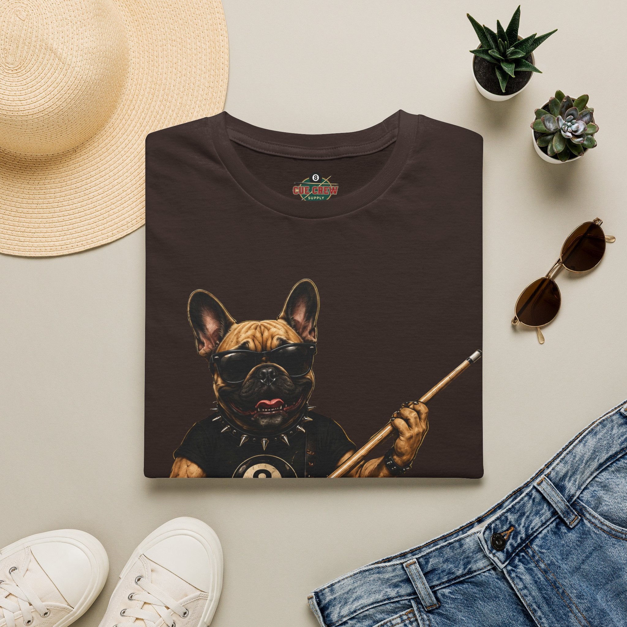Rockin' French Bulldog Playing Cue Guitar Funny Billiards T-Shirt | Pool Dog Graphic Front Print Unisex Tee