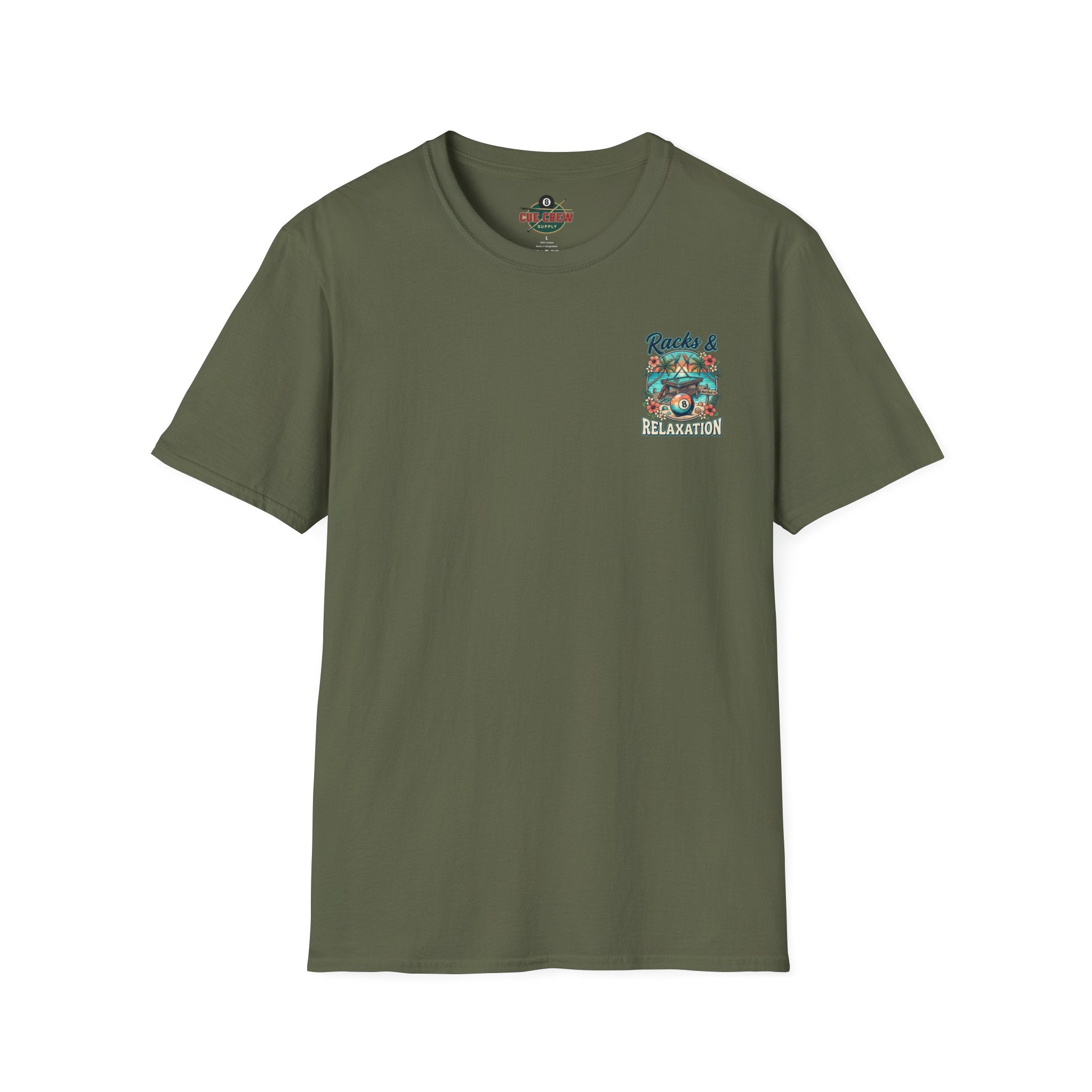 Racks & Relaxation Tropical Billiards T-Shirt | Beach Pool Player Graphic Tee | Front & Back Print