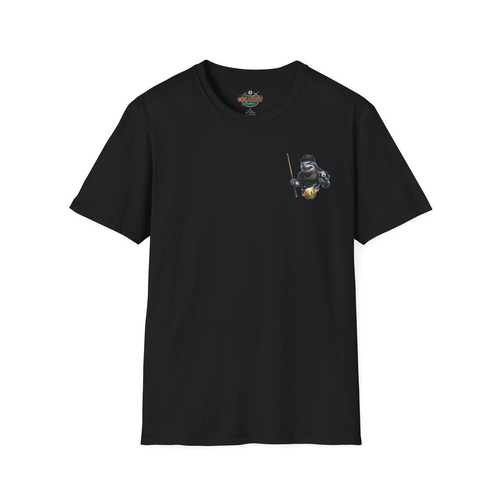 Pool Hall Predator Shark Billiards T-Shirt | Front & Back Print Gangster 8 Ball & Breaking 9 Ball Graphic Unisex Tee