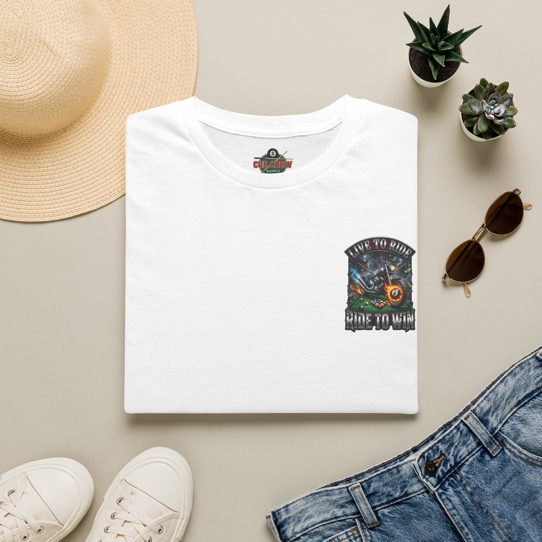 Live to Ride. Ride to Win. Biker Billiards T-Shirt | Motorcycle Pool Player Graphic Tee | Front & Back Print