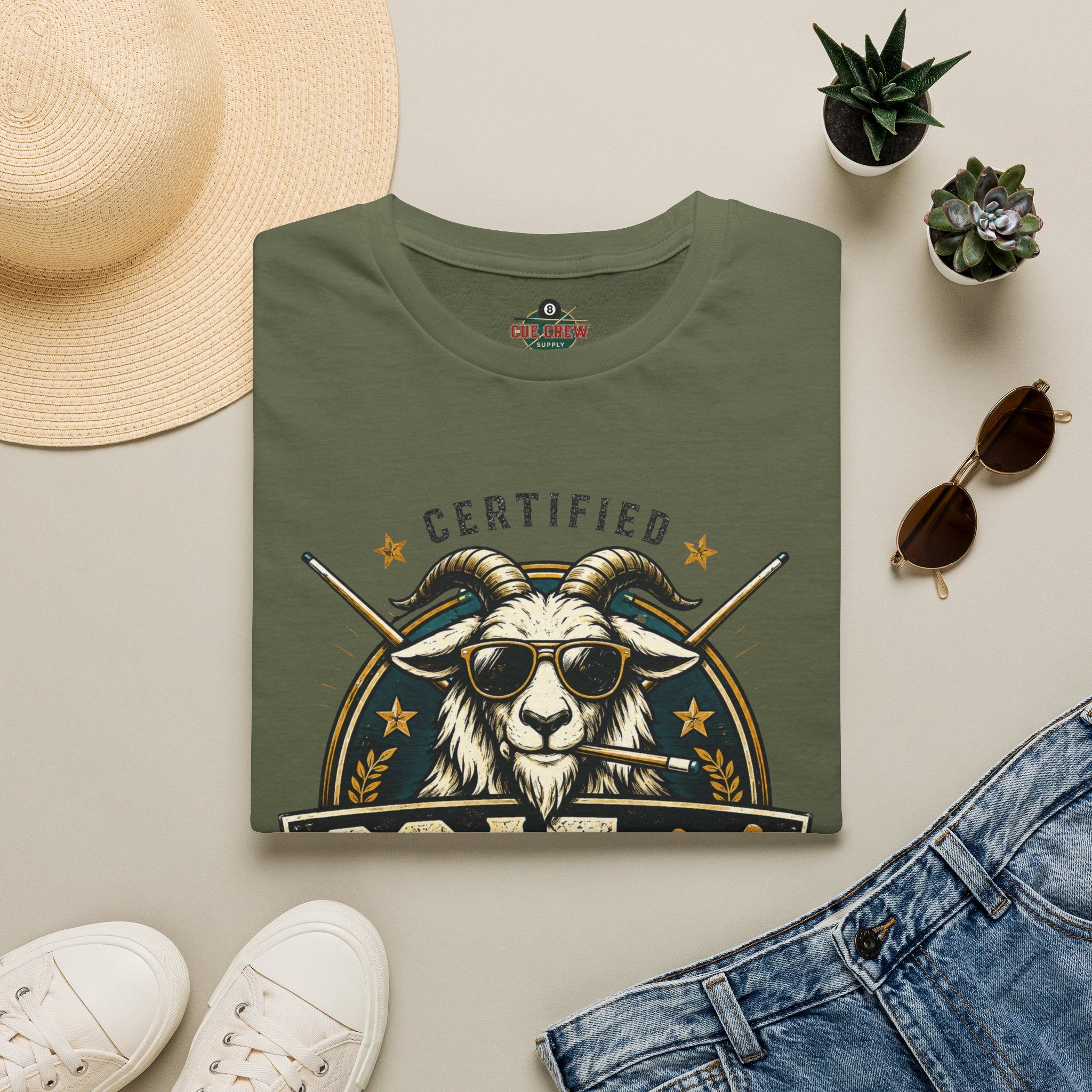 Certified GOAT-ish Funny Billiards T-Shirt | Pool Player Graphic Unisex Tee | 8 Ball Goat Design - Front Only