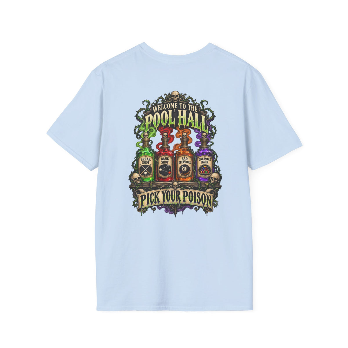 Pick Your Poison – Halloween Billiards T-Shirt – Front & Back Pool Tee | CCS-HST-003