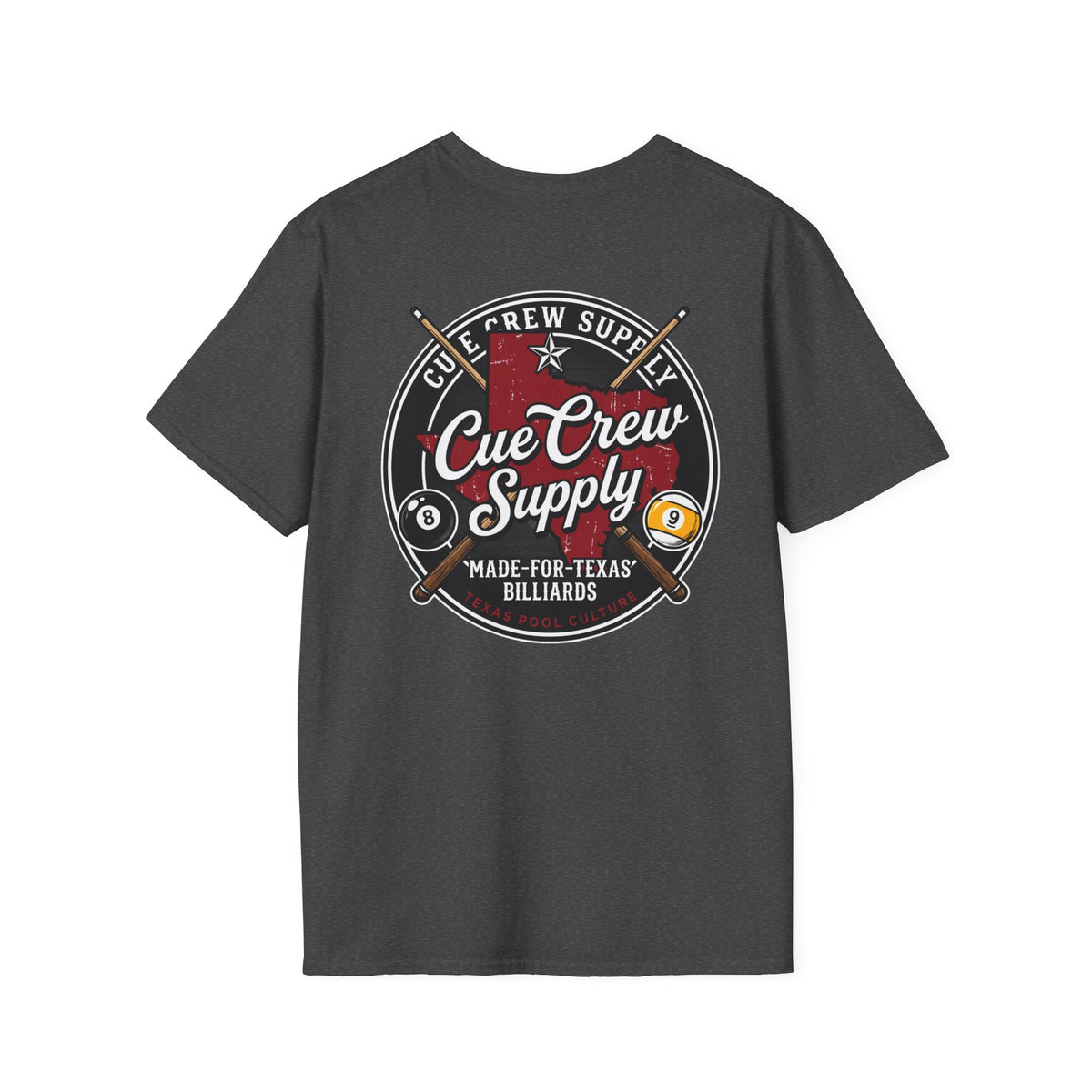 Cue Crew Supply Texas Billiards T-Shirt | Made for Texas Pool Players Graphic Tee | Front & Back Print