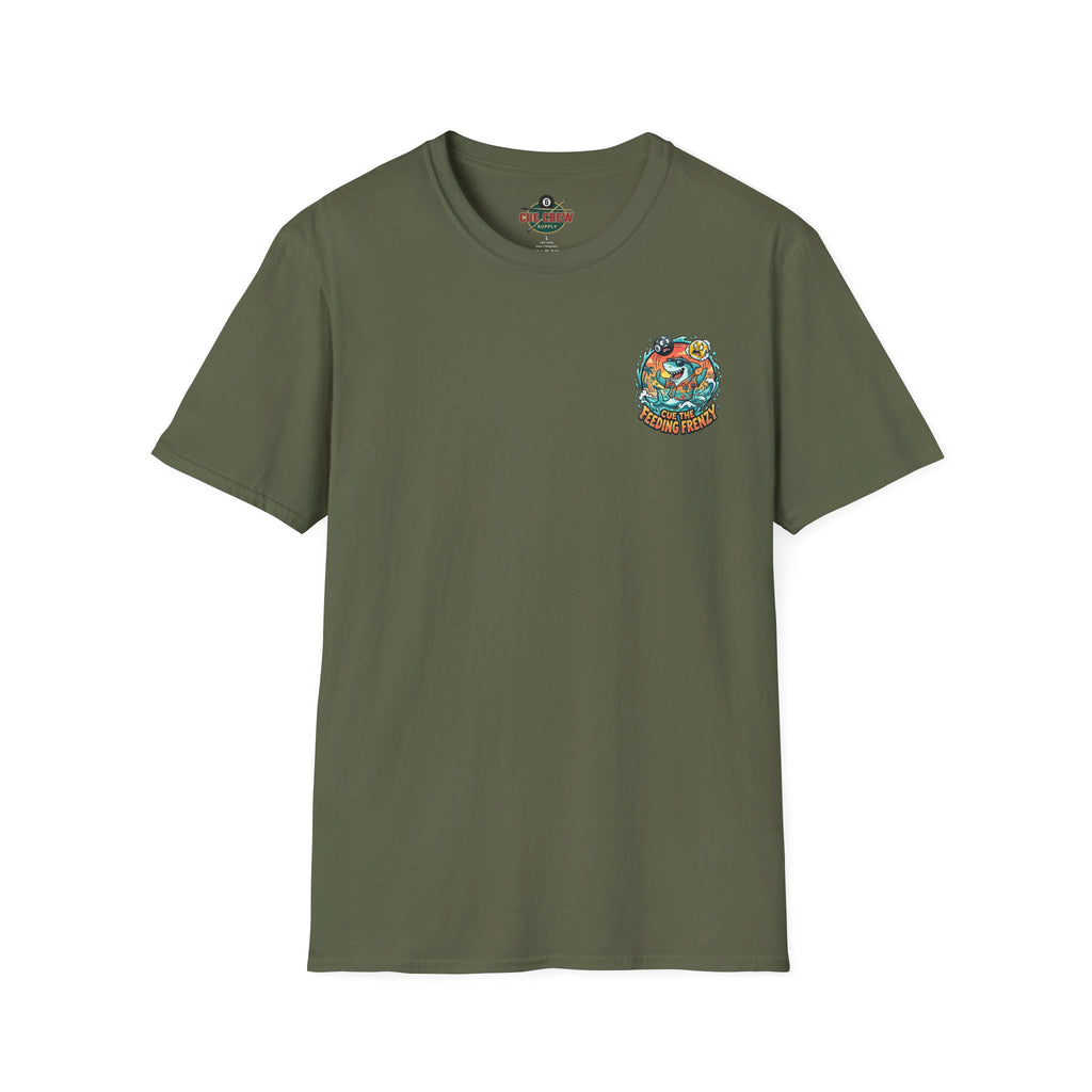 Cue the Feeding Frenzy Shark Billiards T-Shirt | Tropical Pool Player Graphic Tee | Front & Back Print