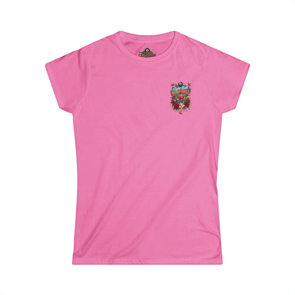 Eight Ball Bombshell V2 Women's Billiards T-Shirt | Retro Pin-Up Pool Player Graphic Tee | Front & Back Print