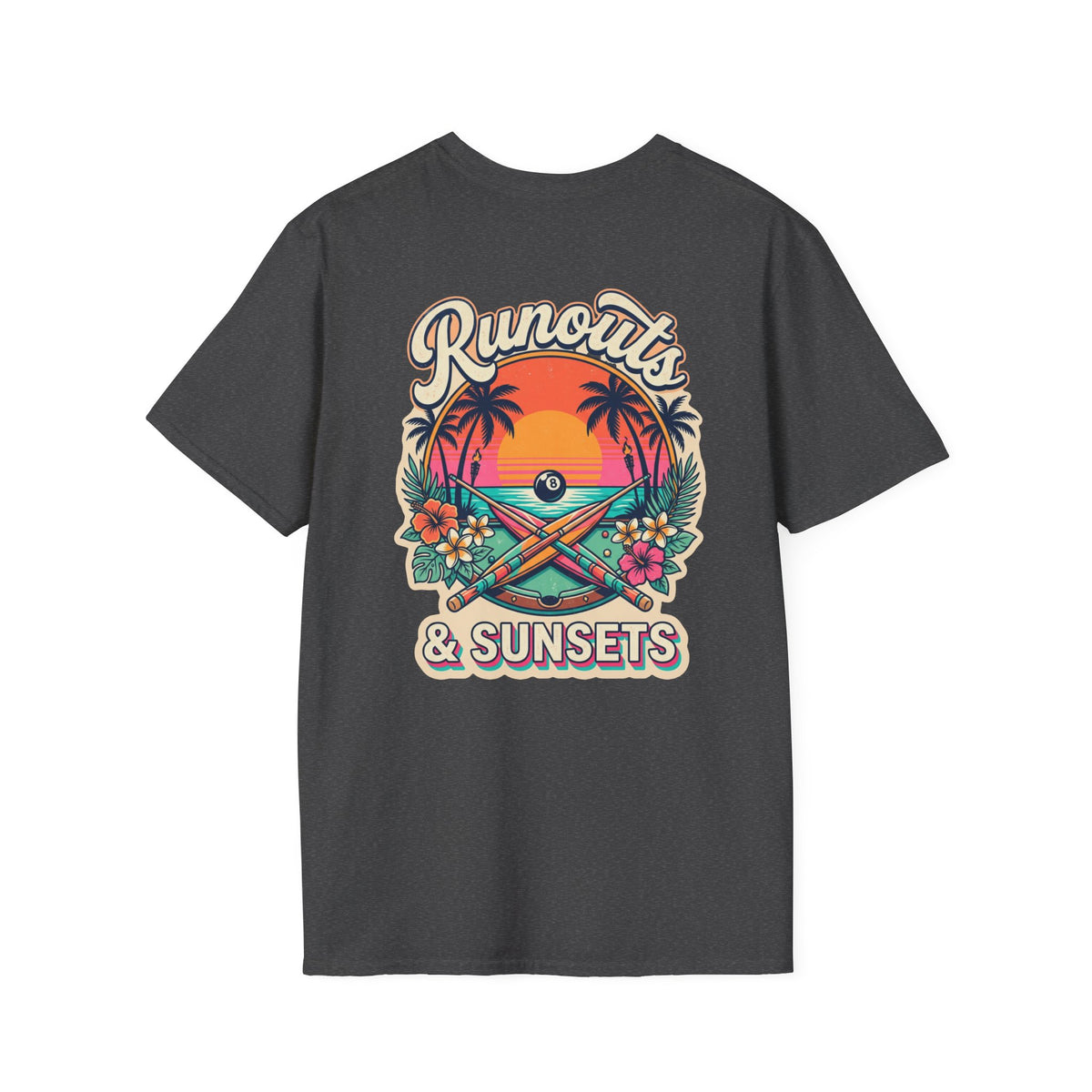 Runouts & Sunsets Tropical Billiards T-Shirt | Beach Pool Player Graphic Tee | Front & Back Print