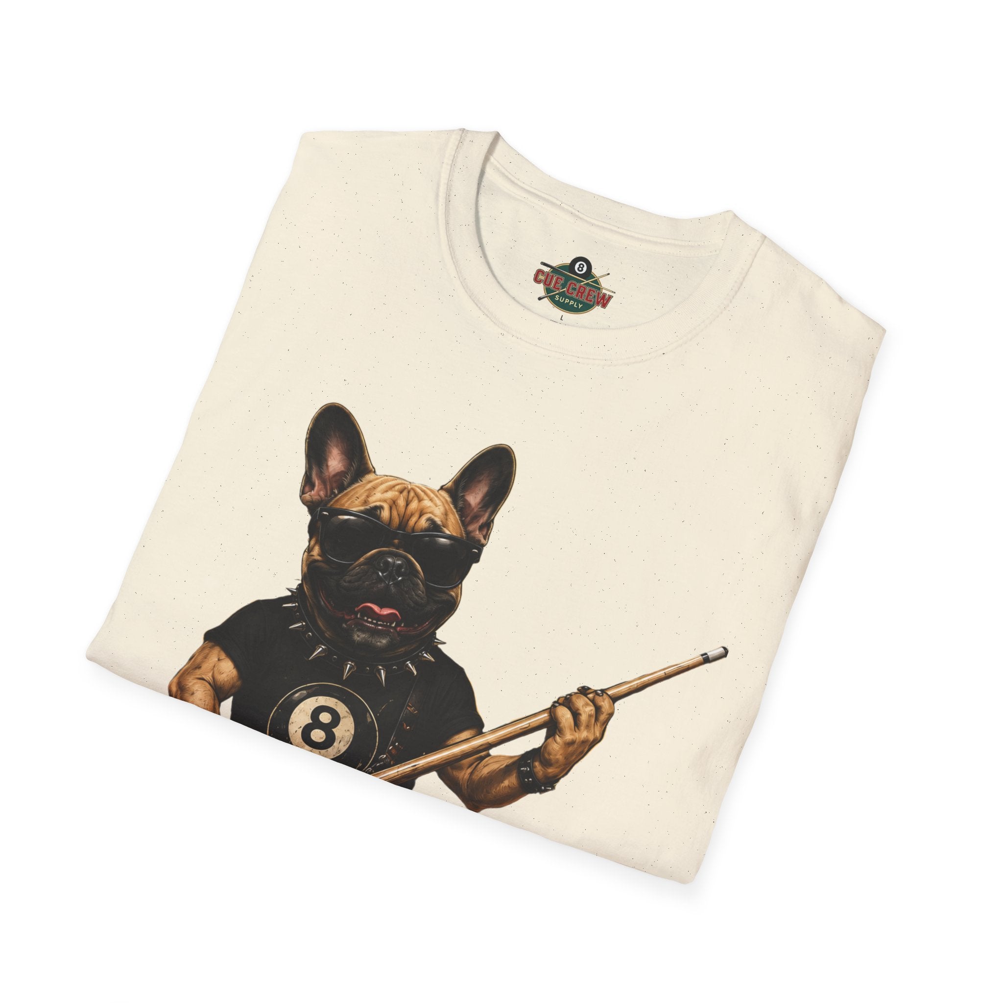 Rockin' French Bulldog Playing Cue Guitar Funny Billiards T-Shirt | Pool Dog Graphic Front Print Unisex Tee