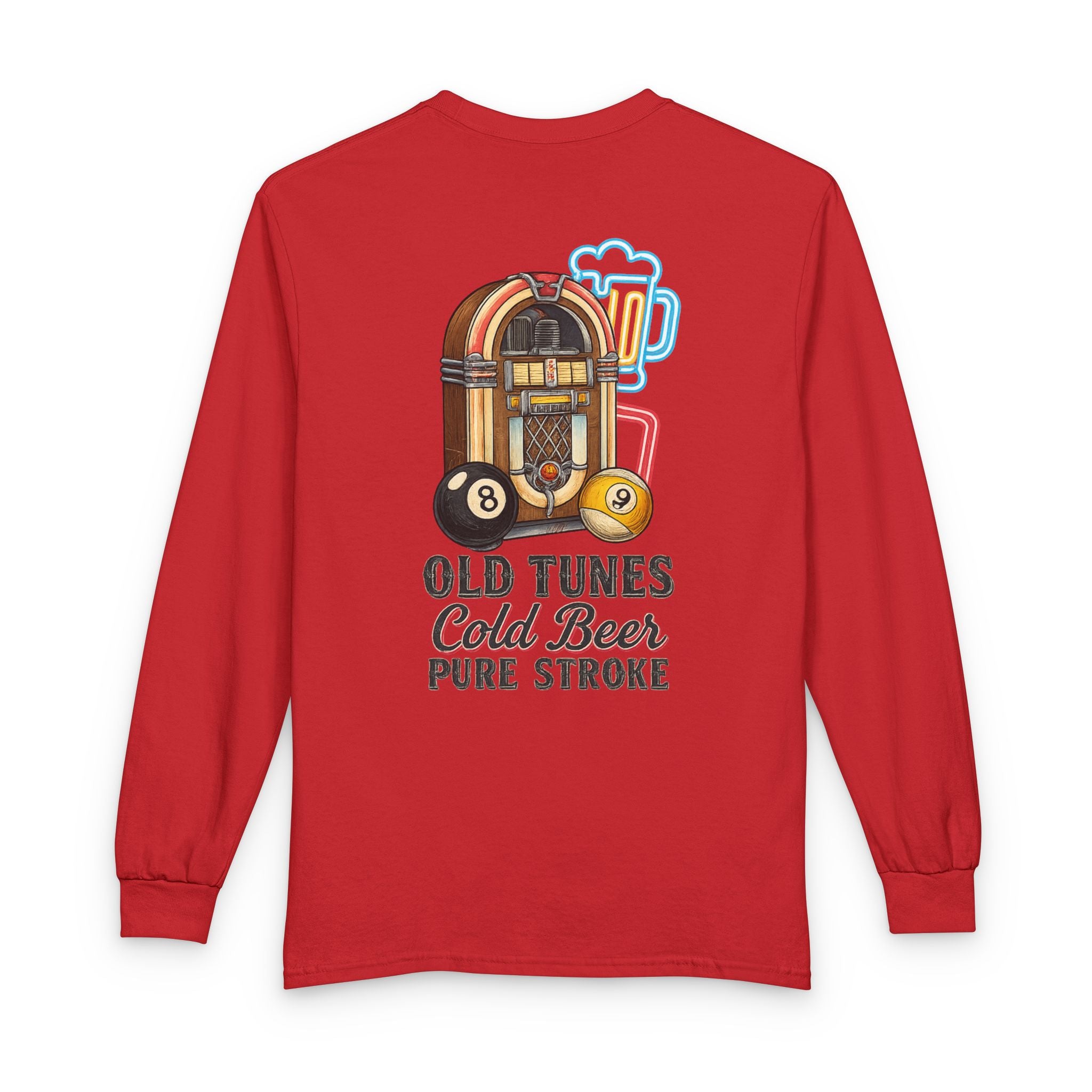Old Tunes, Cold Beer, Pure Stroke Vintage Jukebox Billiards Long Sleeve Tee