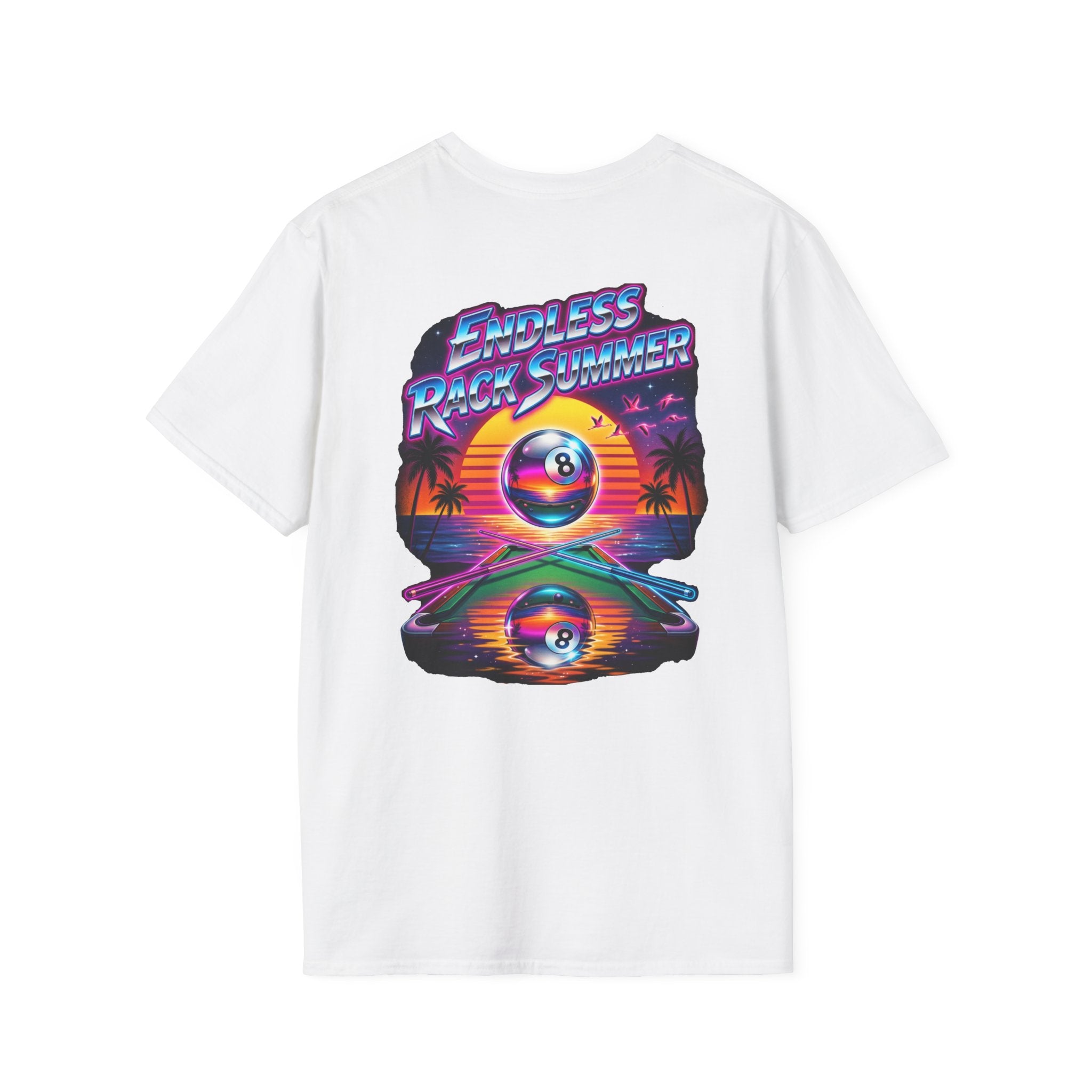 Endless Rack Summer Retro Sunset Billiards T-Shirt | Tropical 8 Ball Pool Player Graphic Tee | Front & Back Print