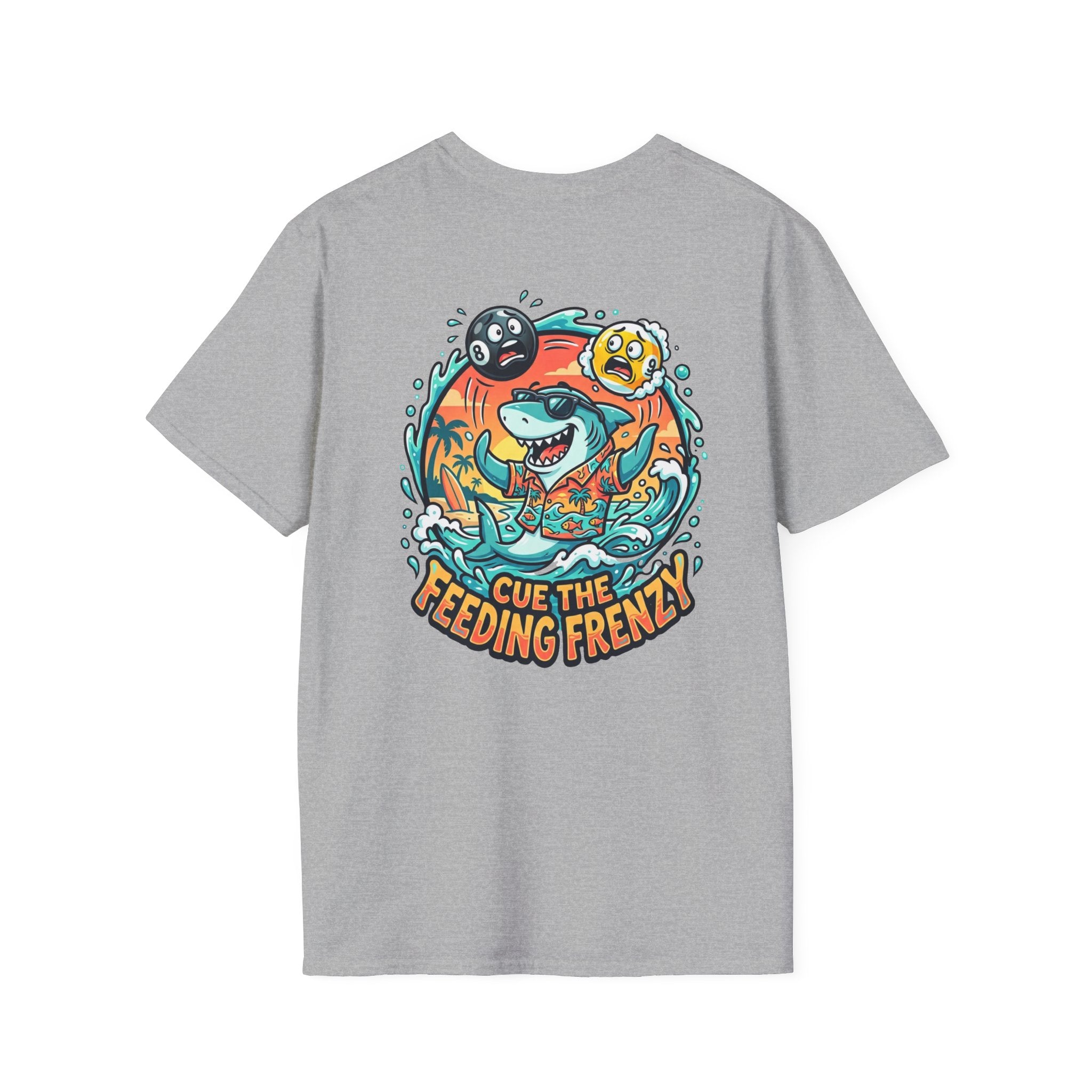 Cue the Feeding Frenzy Shark Billiards T-Shirt | Tropical Pool Player Graphic Tee | Front & Back Print