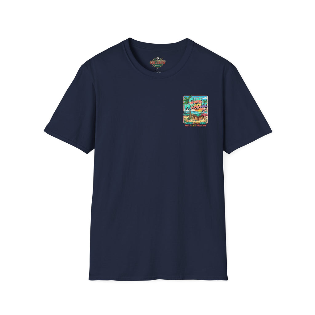 Cue Paradise Florida Billiards T-Shirt | Tropical Pool Player Beach Graphic Tee | Front & Back Print