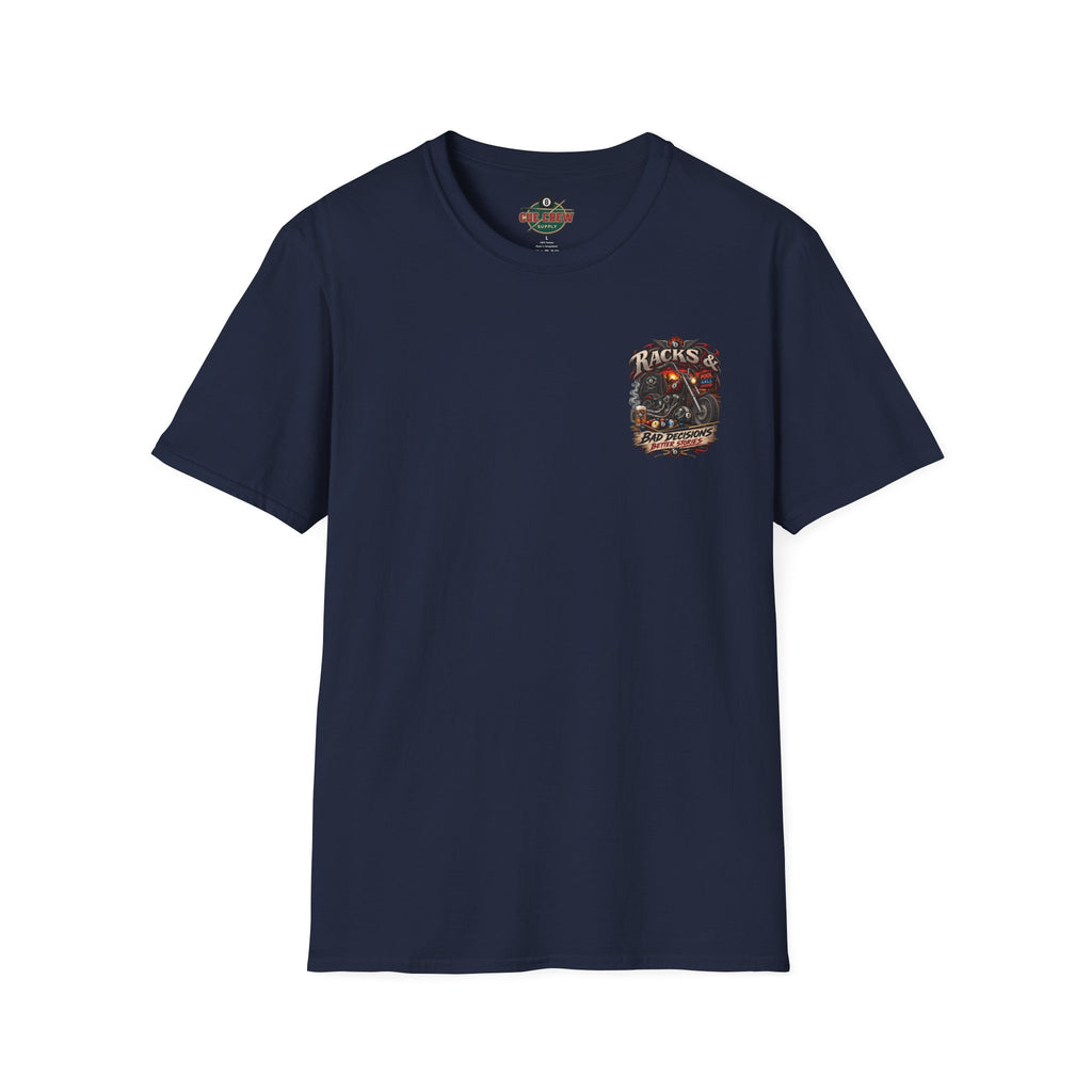 Racks & Bad Decisions Better Stories – Biker Billiards T-Shirt – Front & Back Pool Tee