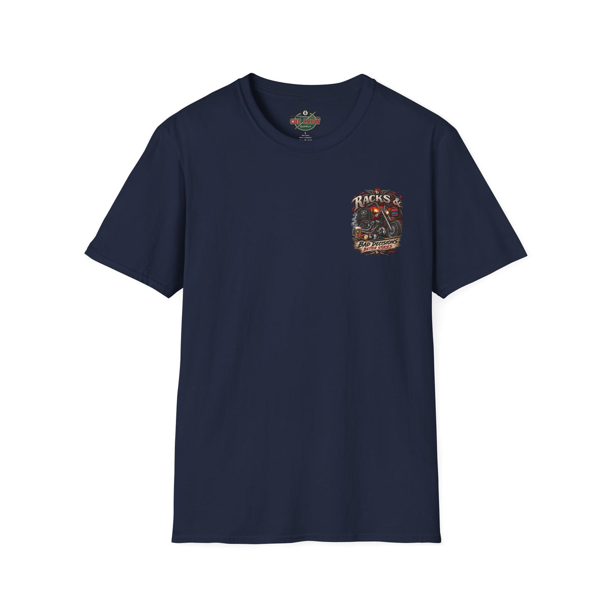 Racks & Bad Decisions Better Stories – Biker Billiards T-Shirt – Front & Back Pool Tee