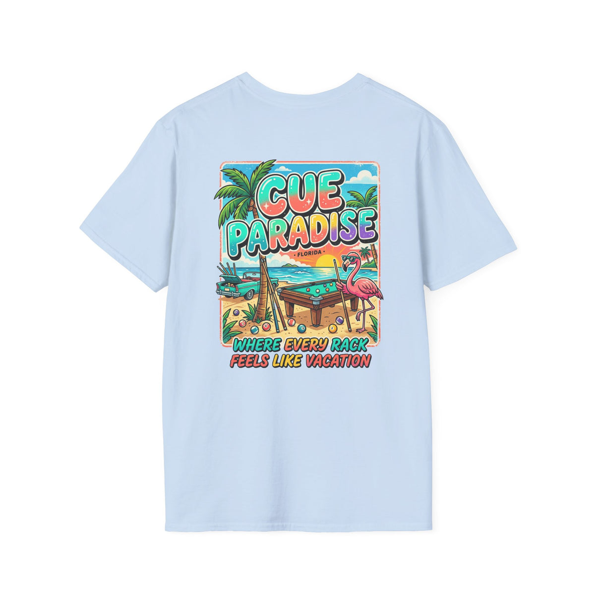 Cue Paradise Florida Billiards T-Shirt | Tropical Pool Player Beach Graphic Tee | Front & Back Print