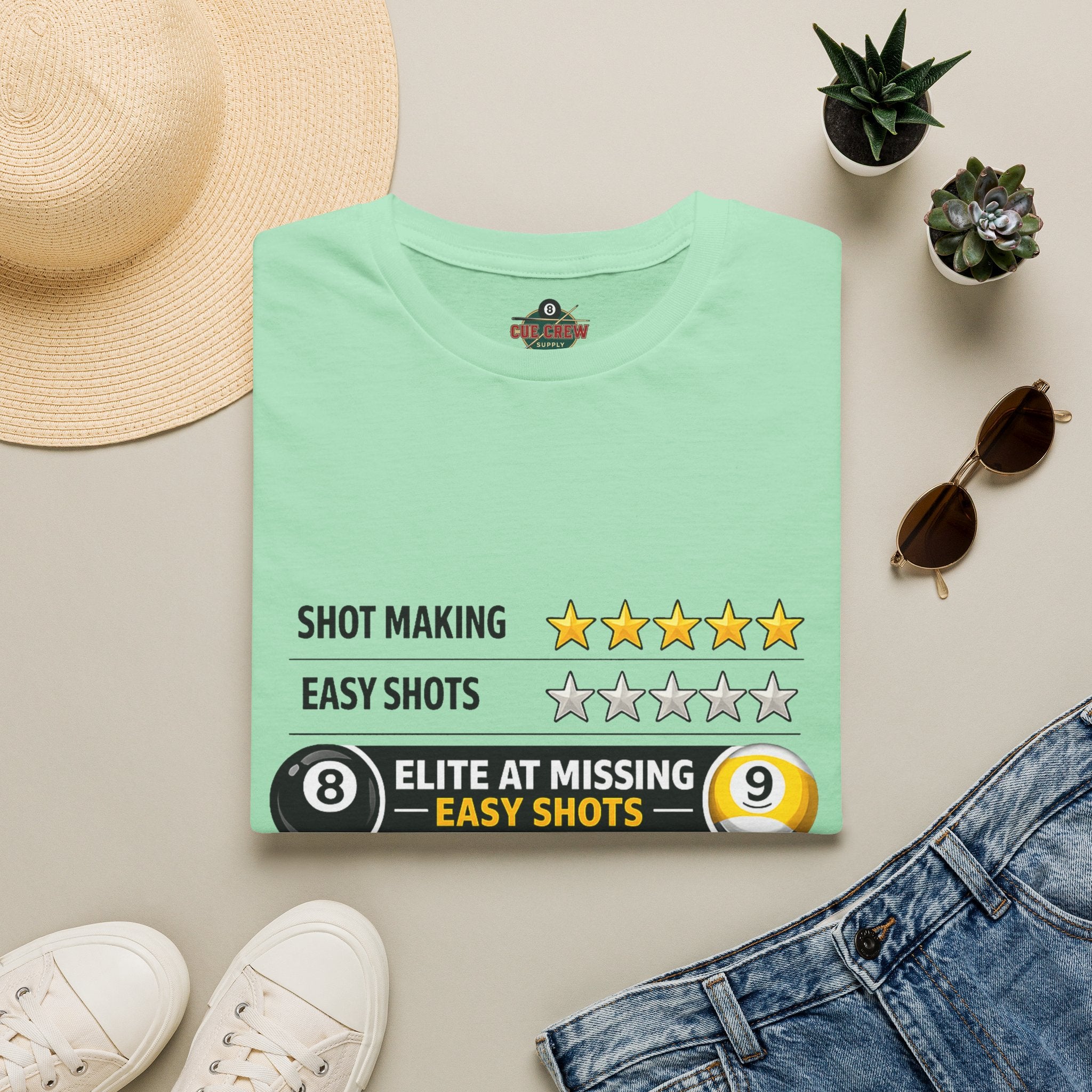 Elite At Missing Easy Shots Funny Billiards T-Shirt | 8 Ball & 9 Ball Graphic Unisex Tee | Front Print Only
