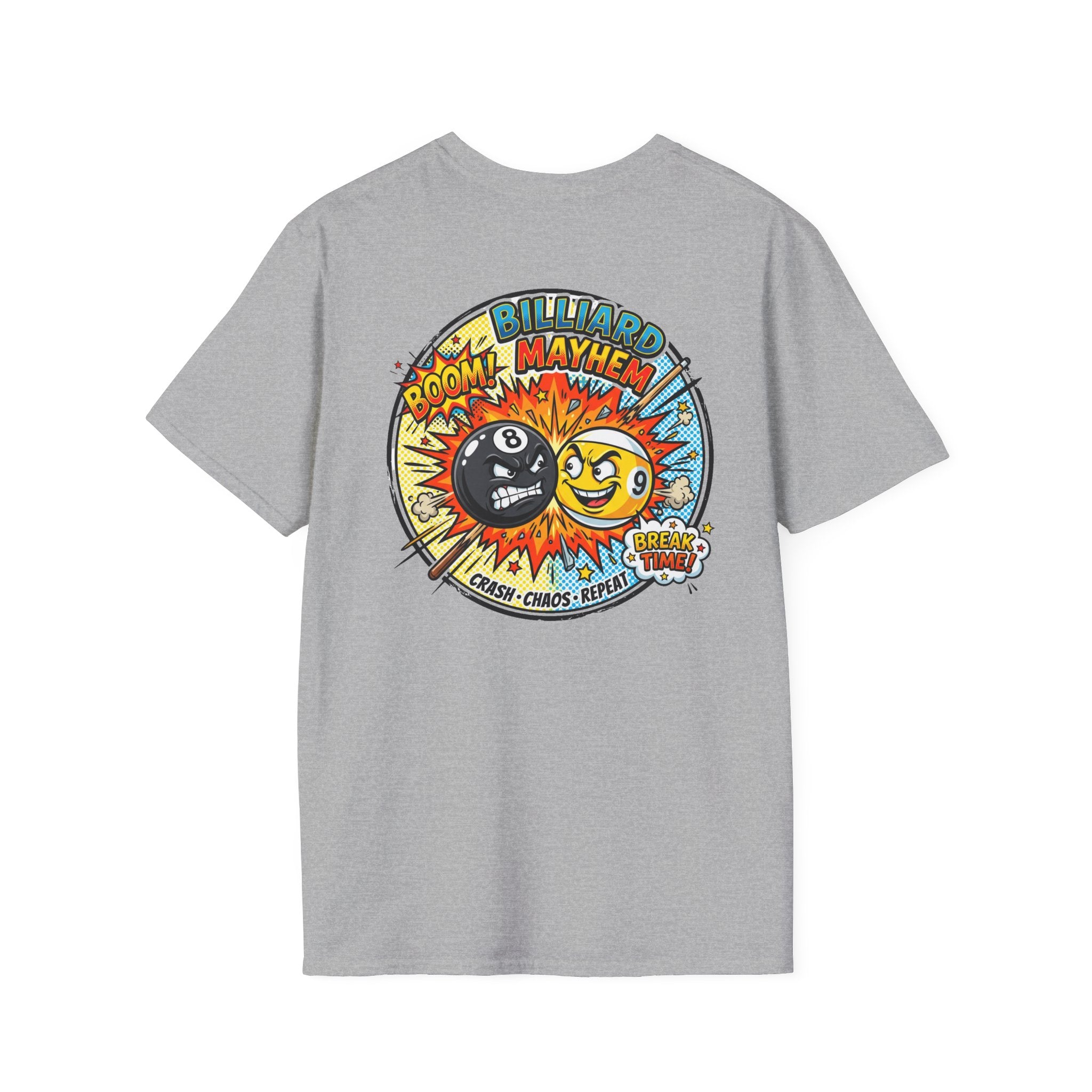 Billiard Mayhem Comic Pool Player T-Shirt | Boom! Break Time! Funny 8 Ball & 9 Ball Graphic Tee | Front & Back Print