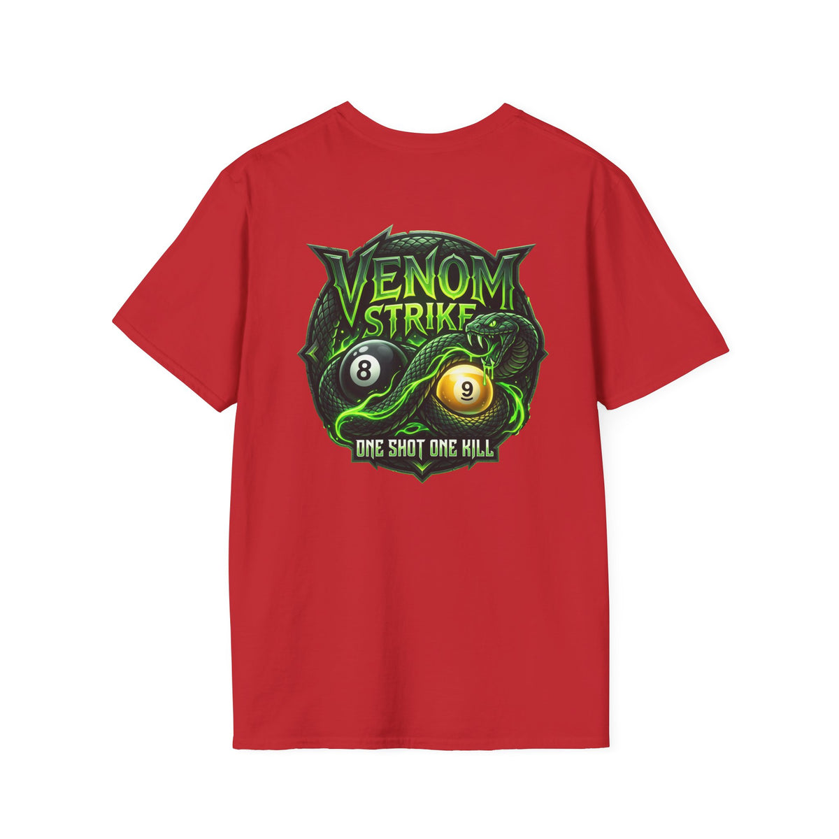 Venom Strike Snake Billiards T-Shirt | One Shot One Kill Pool Player Graphic Tee | Front & Back Print