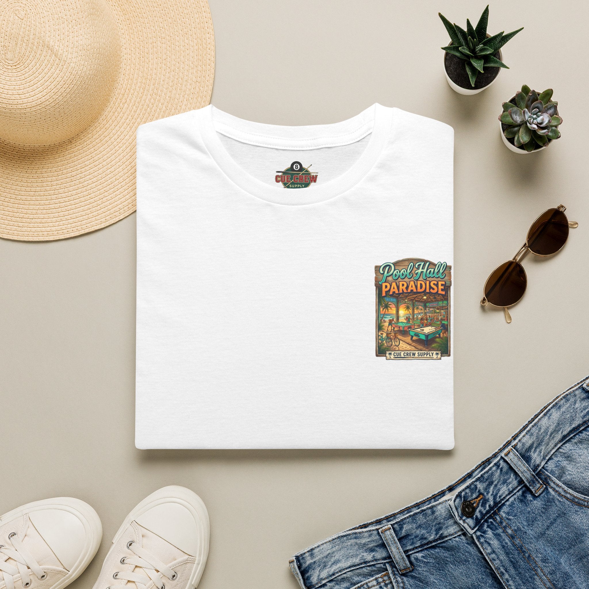 Pool Hall Paradise Tropical Billiards T-Shirt | Beach Bar Pool Player Graphic Tee | Front & Back Print