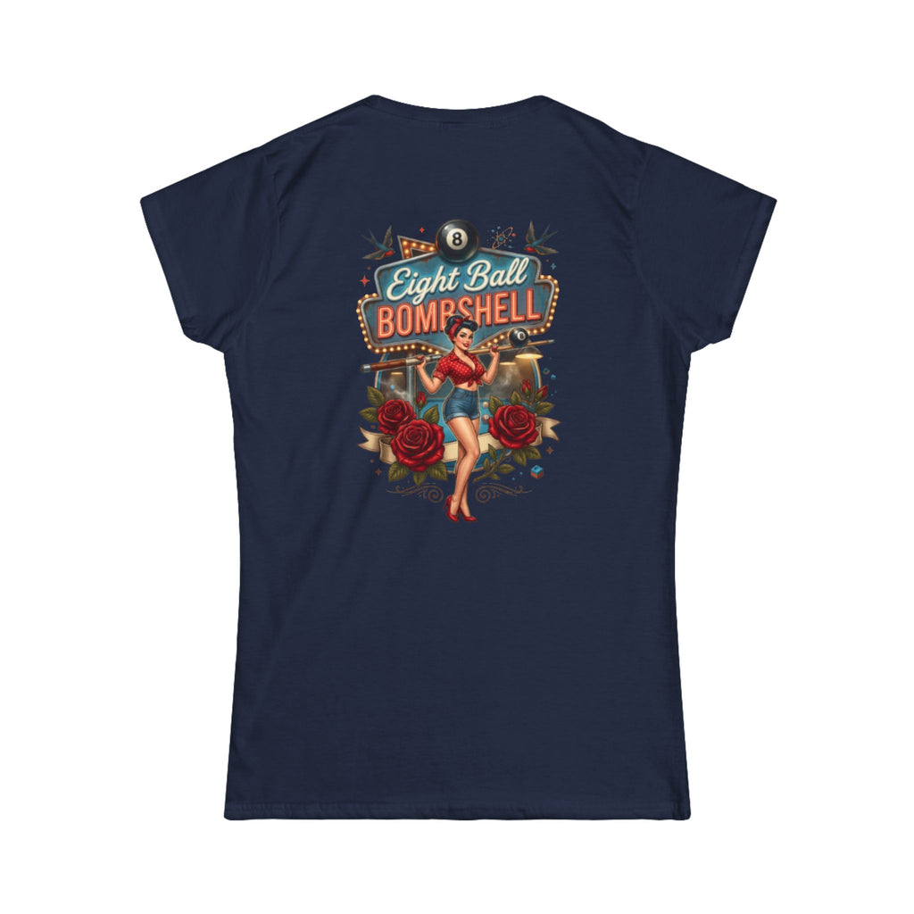 Eight Ball Bombshell V2 Women's Billiards T-Shirt | Retro Pin-Up Pool Player Graphic Tee | Front & Back Print