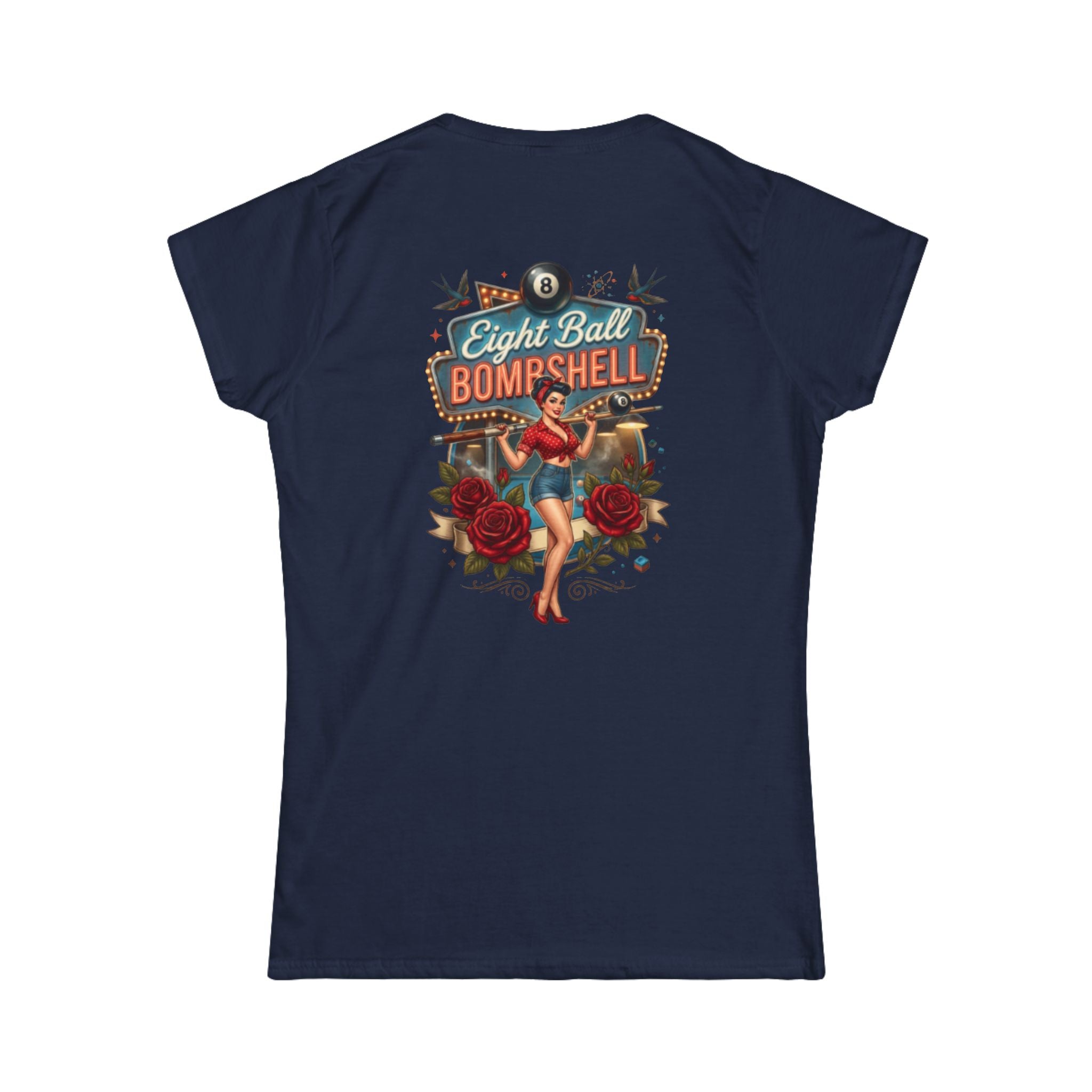 Eight Ball Bombshell V2 Women's Billiards T-Shirt | Retro Pin-Up Pool Player Graphic Tee | Front & Back Print