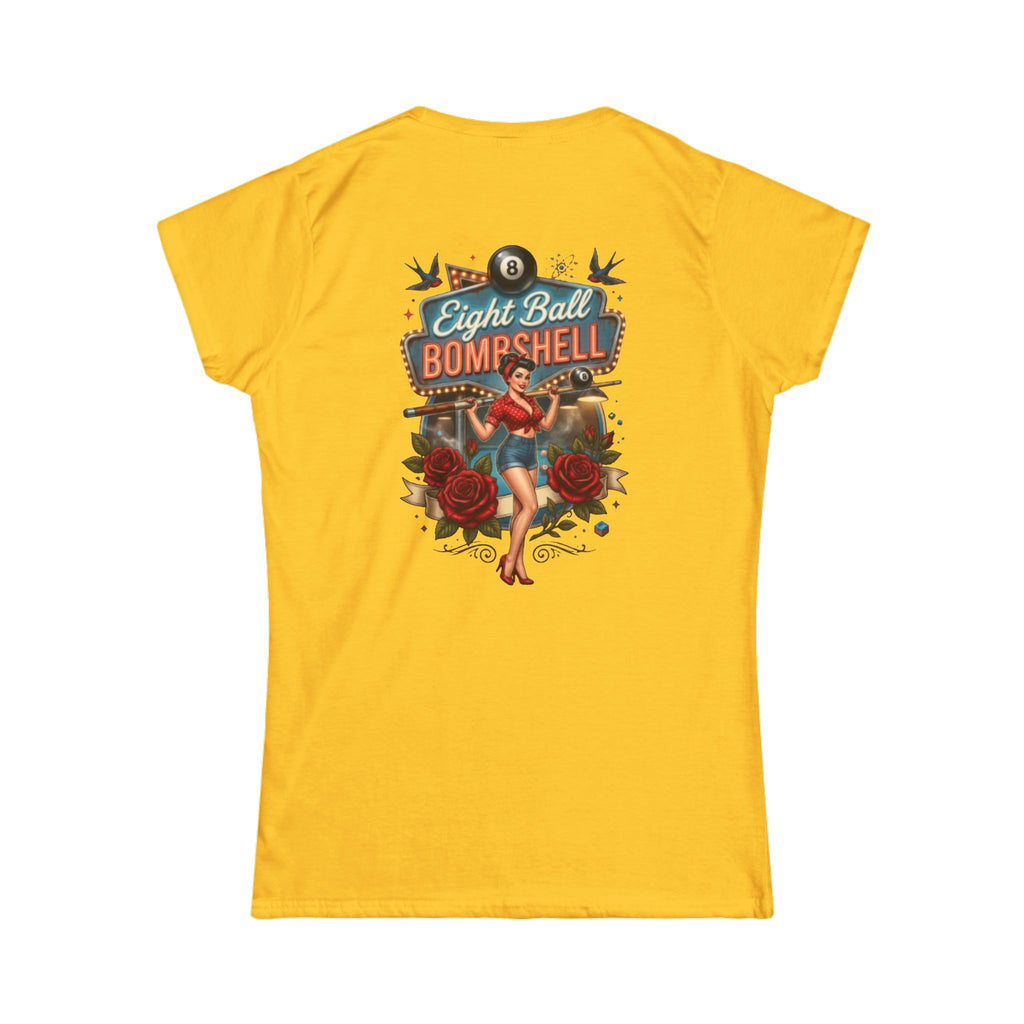 Eight Ball Bombshell V2 Women's Billiards T-Shirt | Retro Pin-Up Pool Player Graphic Tee | Front & Back Print