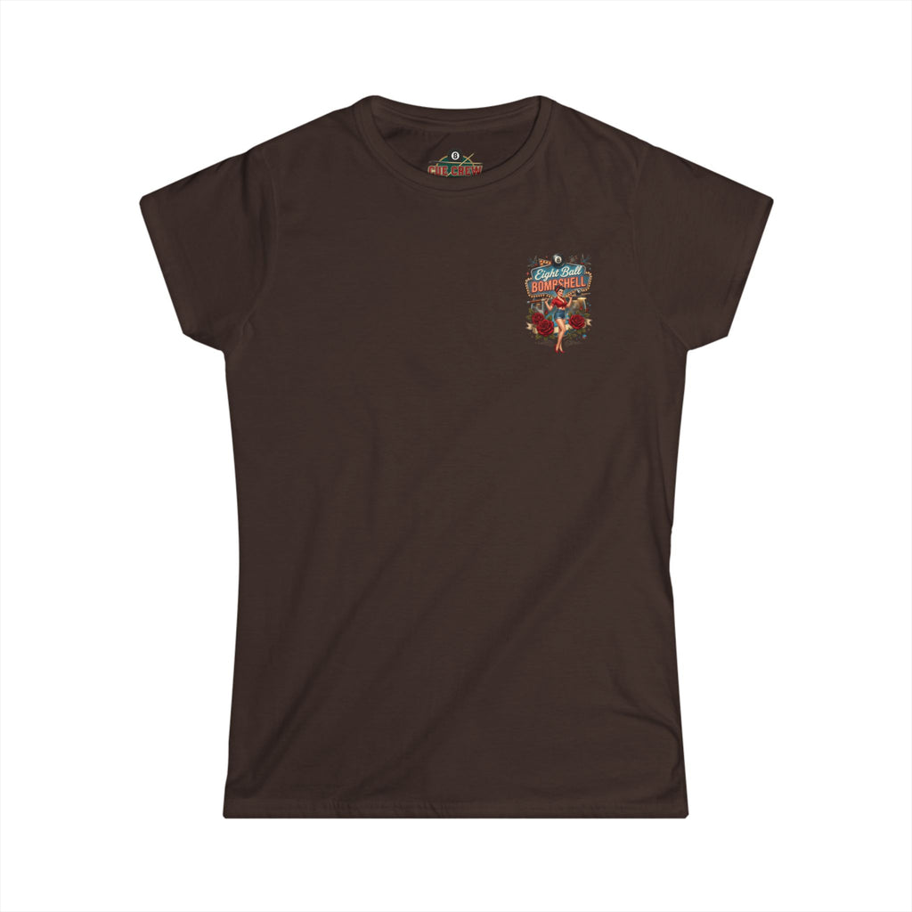 Eight Ball Bombshell V2 Women's Billiards T-Shirt | Retro Pin-Up Pool Player Graphic Tee | Front & Back Print
