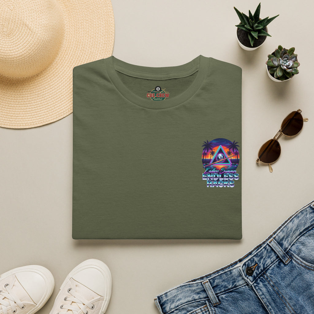 Endless Summer Endless Racks Billiards T-Shirt | Retro Sunset Pool Player Graphic Tee | Tropical 8 Ball Beach Vibes Shirt