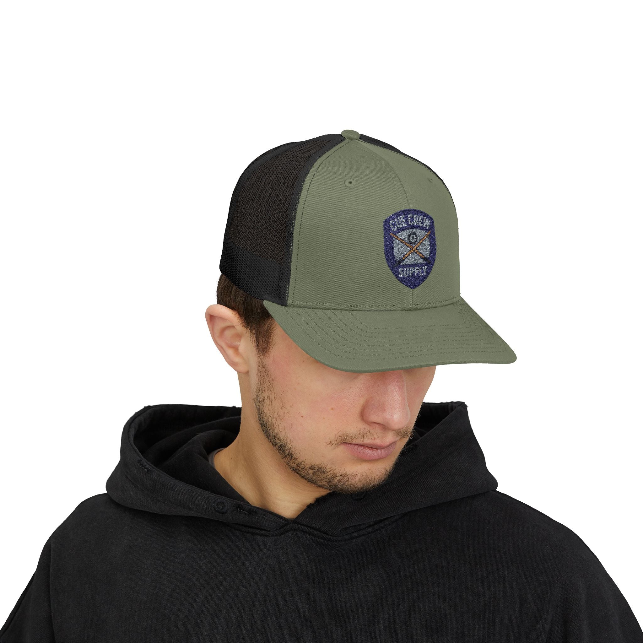 Cue Crew Supply V1 Embroidered Patch Trucker Hat - Yupoong