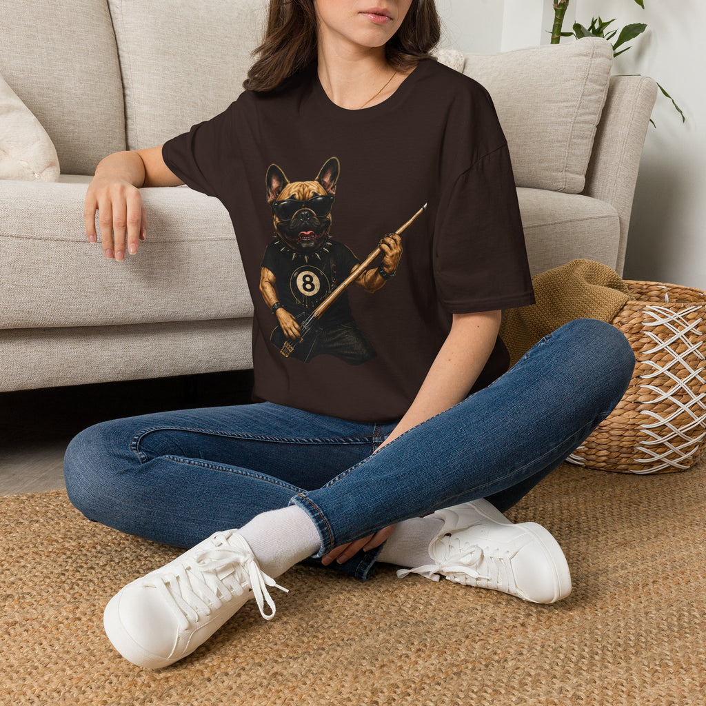 Rockin' French Bulldog Playing Cue Guitar Funny Billiards T-Shirt | Pool Dog Graphic Front Print Unisex Tee