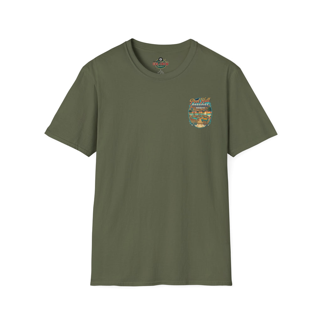 Pool Hall Paradise Beach Billiards T-Shirt V1 | Tropical Pool Player Graphic Tee | Front & Back Print