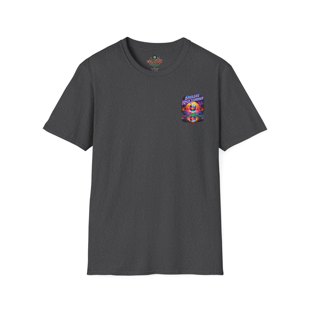 Endless Rack Summer Retro Sunset Billiards T-Shirt | Tropical 8 Ball Pool Player Graphic Tee | Front & Back Print