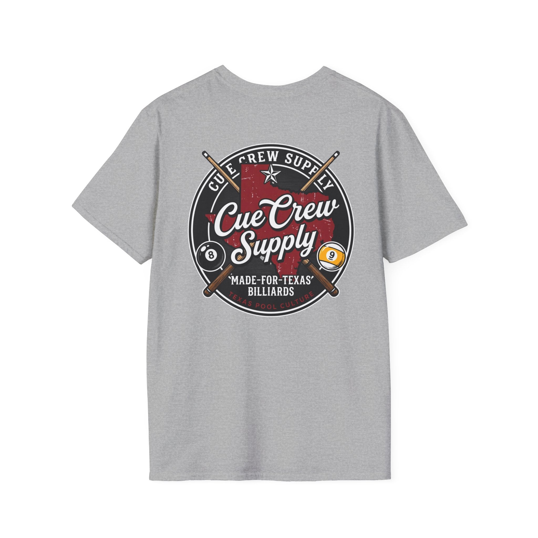 Cue Crew Supply Texas Billiards T-Shirt | Made for Texas Pool Players Graphic Tee | Front & Back Print