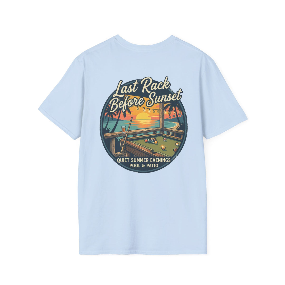 Last Rack Before Sunset Billiards T-Shirt | Tropical Pool Hall Sunset Graphic Tee | Beach Vibes Pool Player Shirt