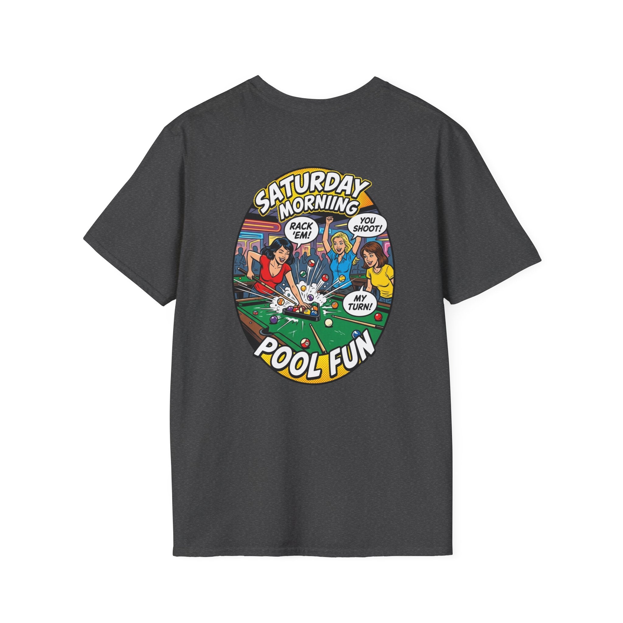 Saturday Morning Pool Fun Retro Comic Billiards T-Shirt | Funny Pool Player Graphic Tee | Front & Back Print