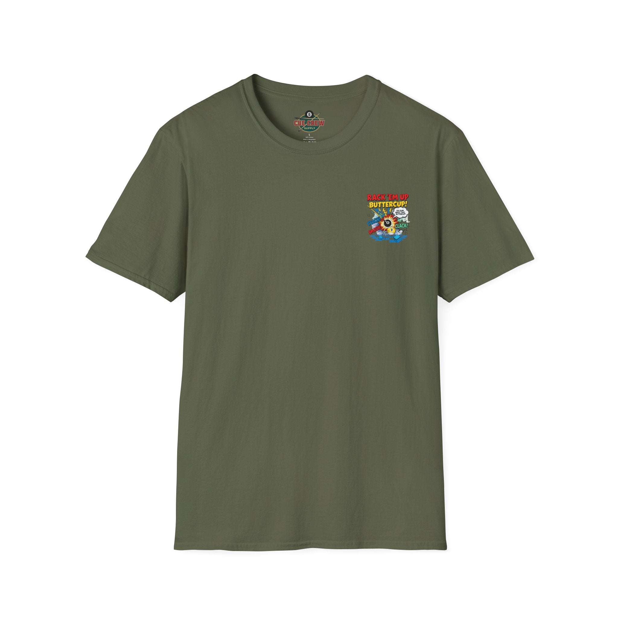 Rack 'Em Up Buttercup! Funny Billiards T-Shirt | Comic Pool Player Graphic Tee | Front & Back Print